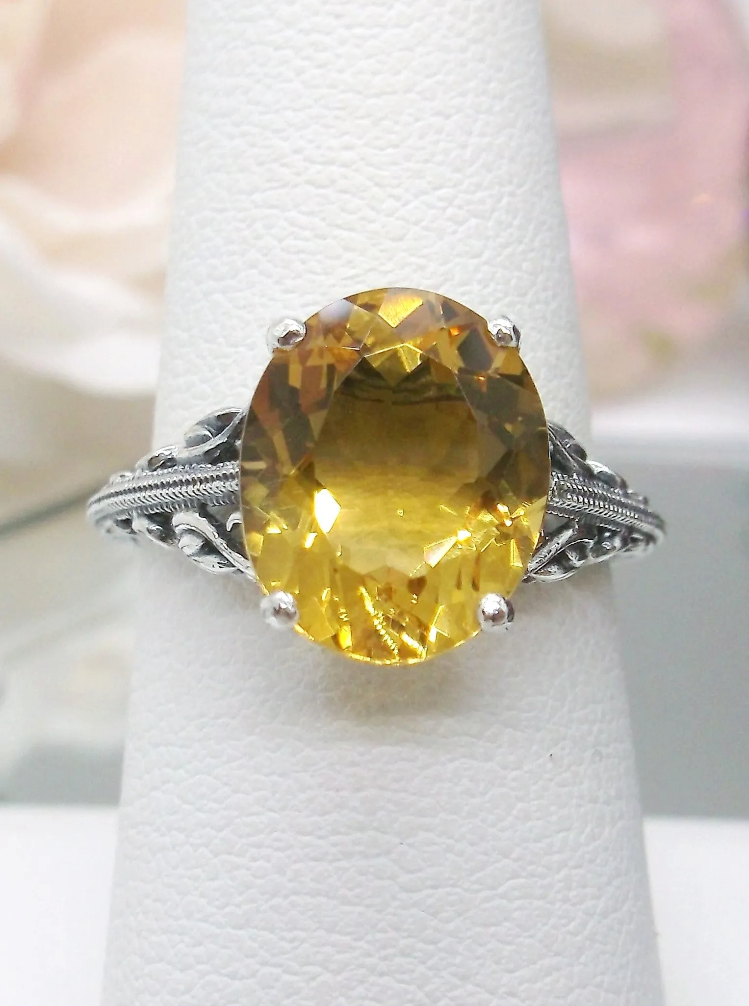 Natural Yellow Citrine Ring, Swan Filigree, Art Deco Jewelry #D190