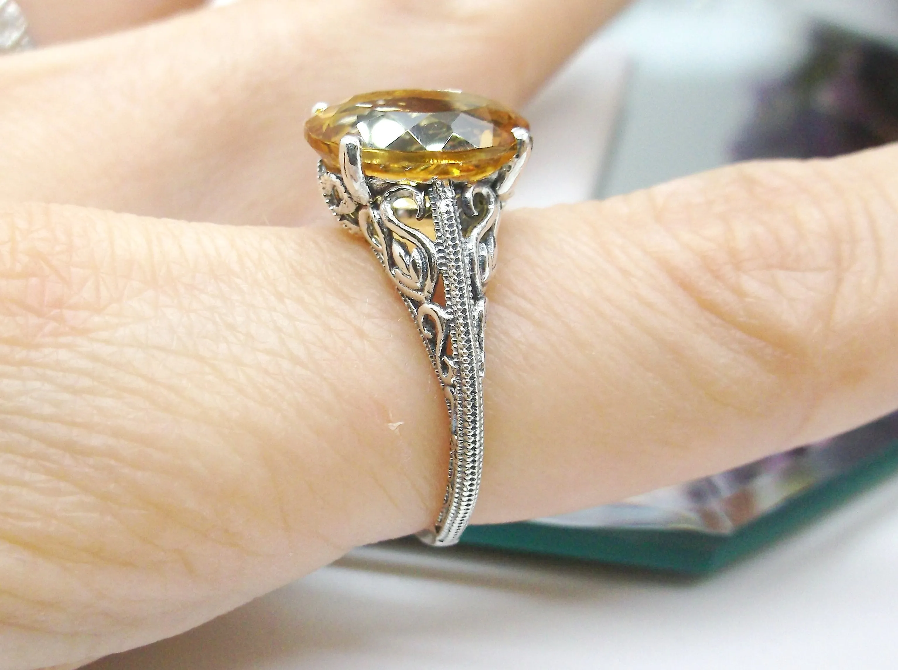 Natural Yellow Citrine Ring, Swan Filigree, Art Deco Jewelry #D190