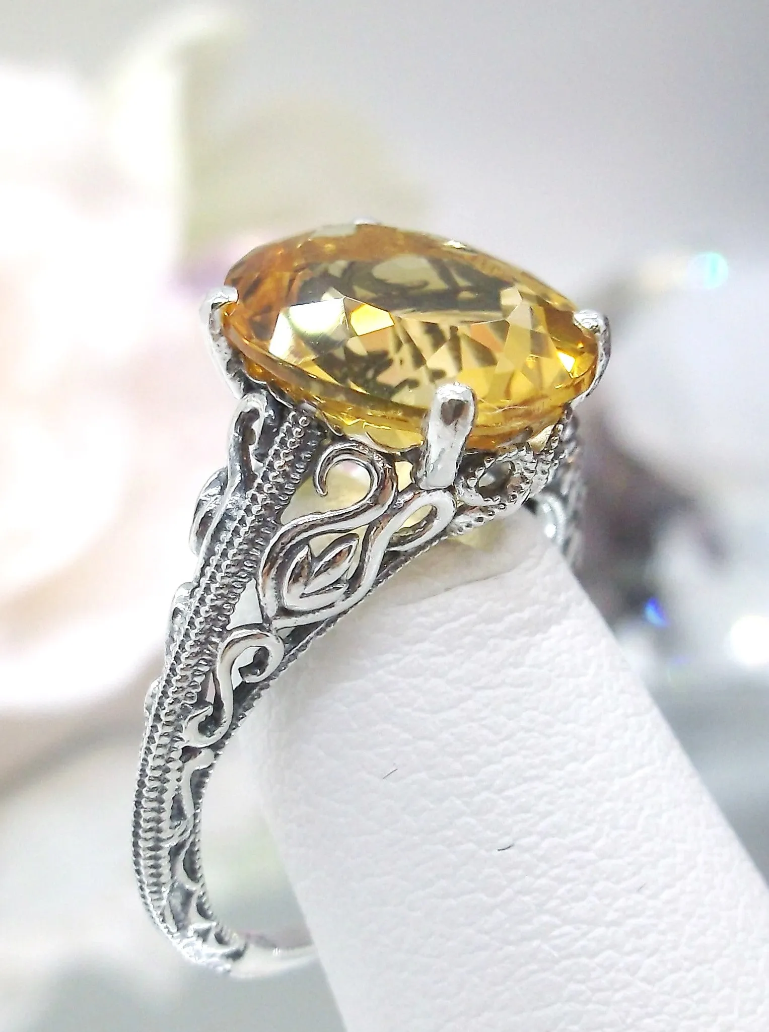 Natural Yellow Citrine Ring, Swan Filigree, Art Deco Jewelry #D190