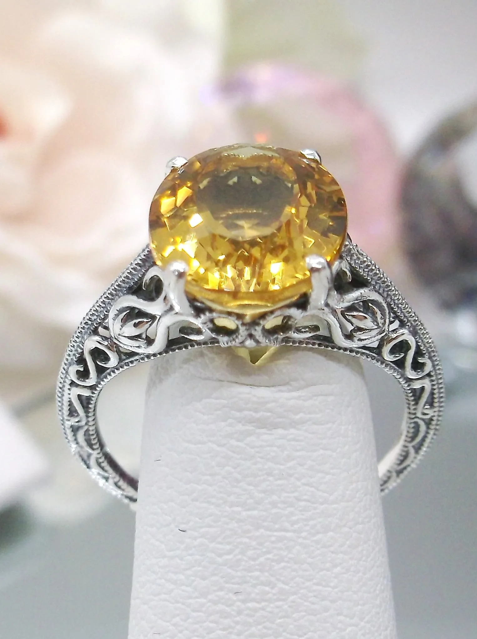 Natural Yellow Citrine Ring, Swan Filigree, Art Deco Jewelry #D190
