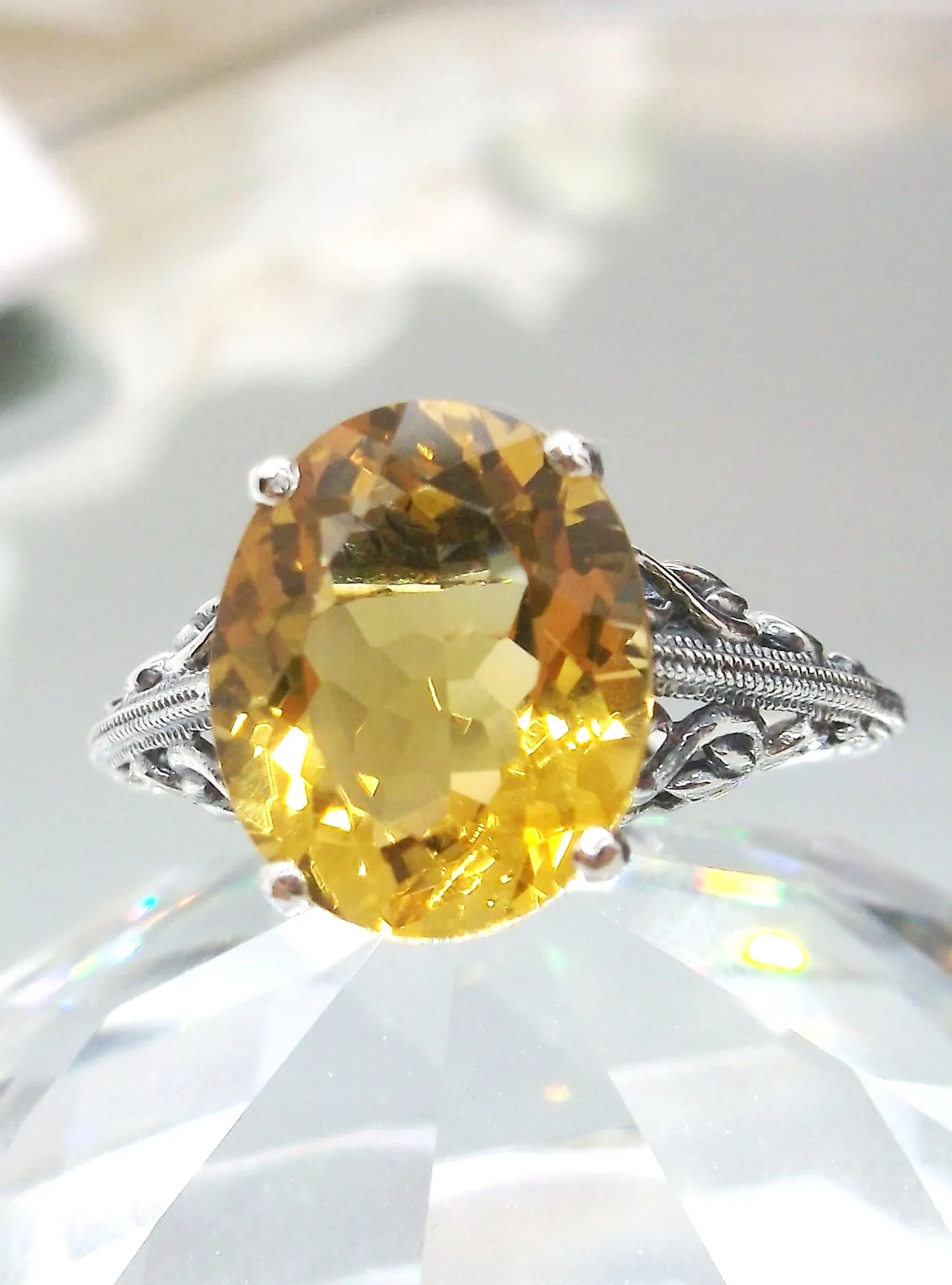 Natural Yellow Citrine Ring, Swan Filigree, Art Deco Jewelry #D190