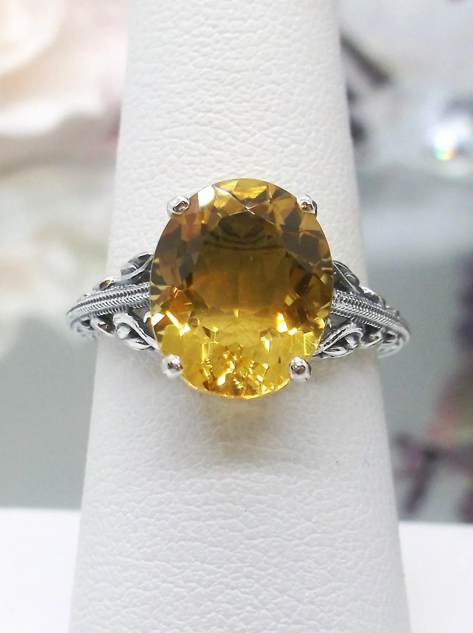 Natural Yellow Citrine Ring, Swan Filigree, Art Deco Jewelry #D190