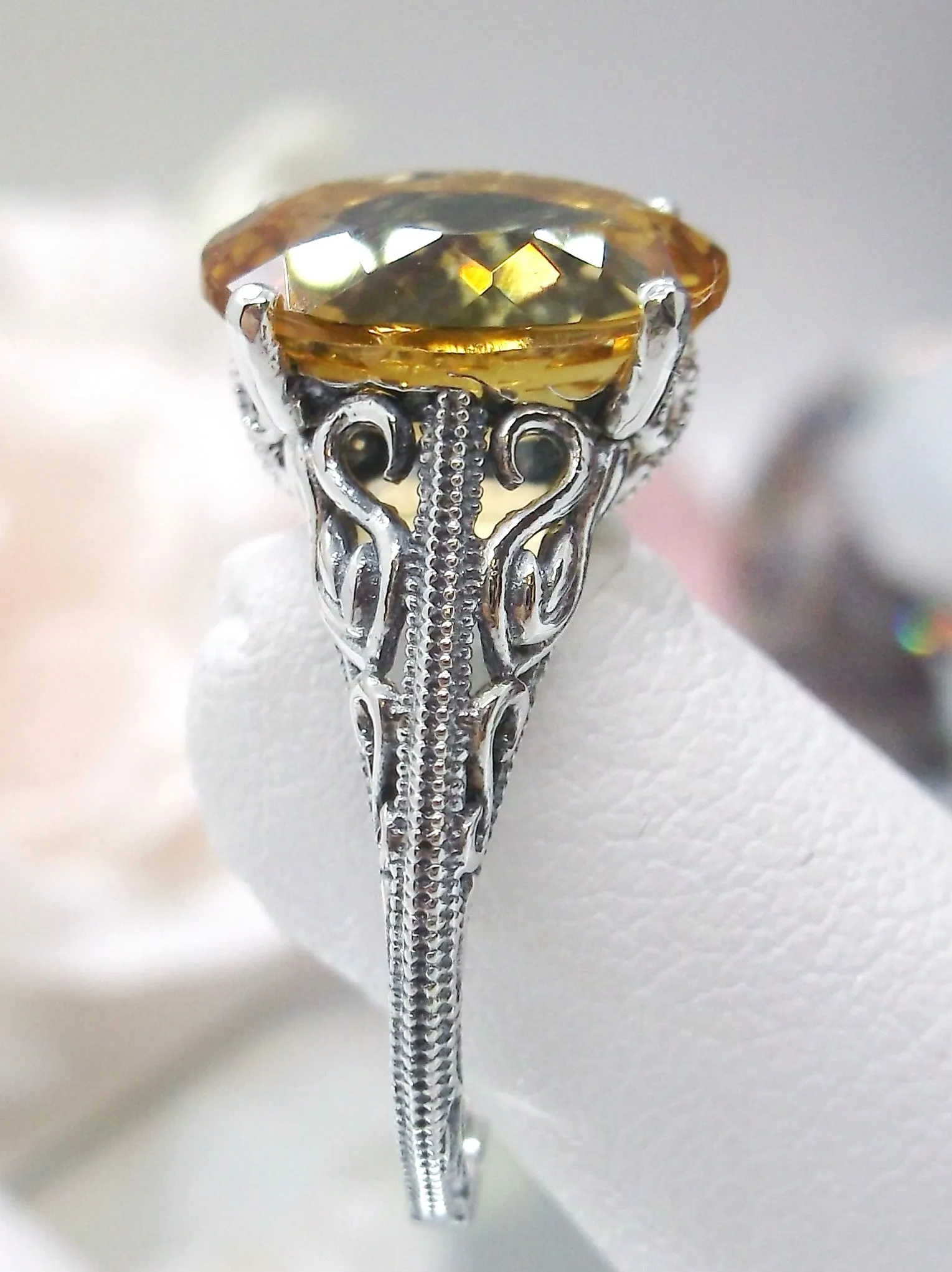 Natural Yellow Citrine Ring, Swan Filigree, Art Deco Jewelry #D190