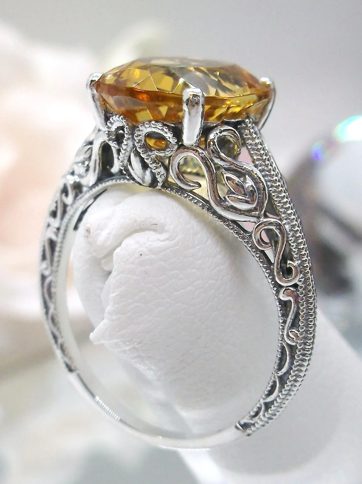 Natural Yellow Citrine Ring, Swan Filigree, Art Deco Jewelry #D190