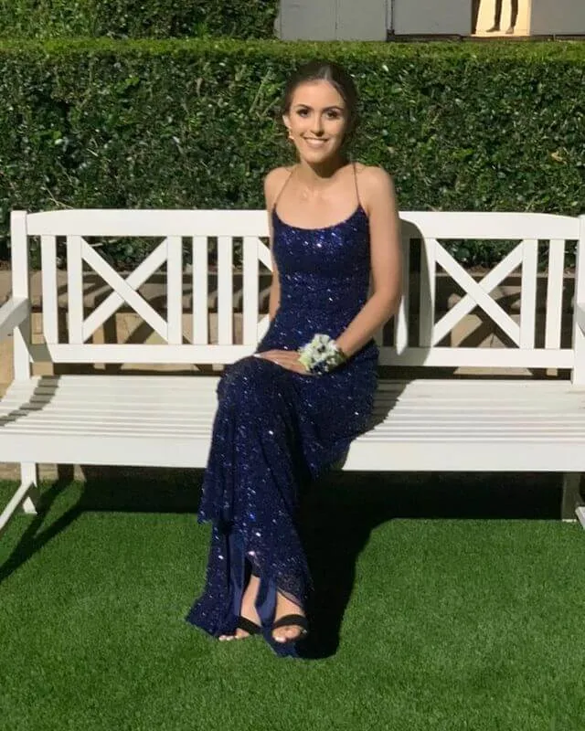Navy Blue Sequin Prom Dresses Mermaid Long Formal Party Dresses Cross Back