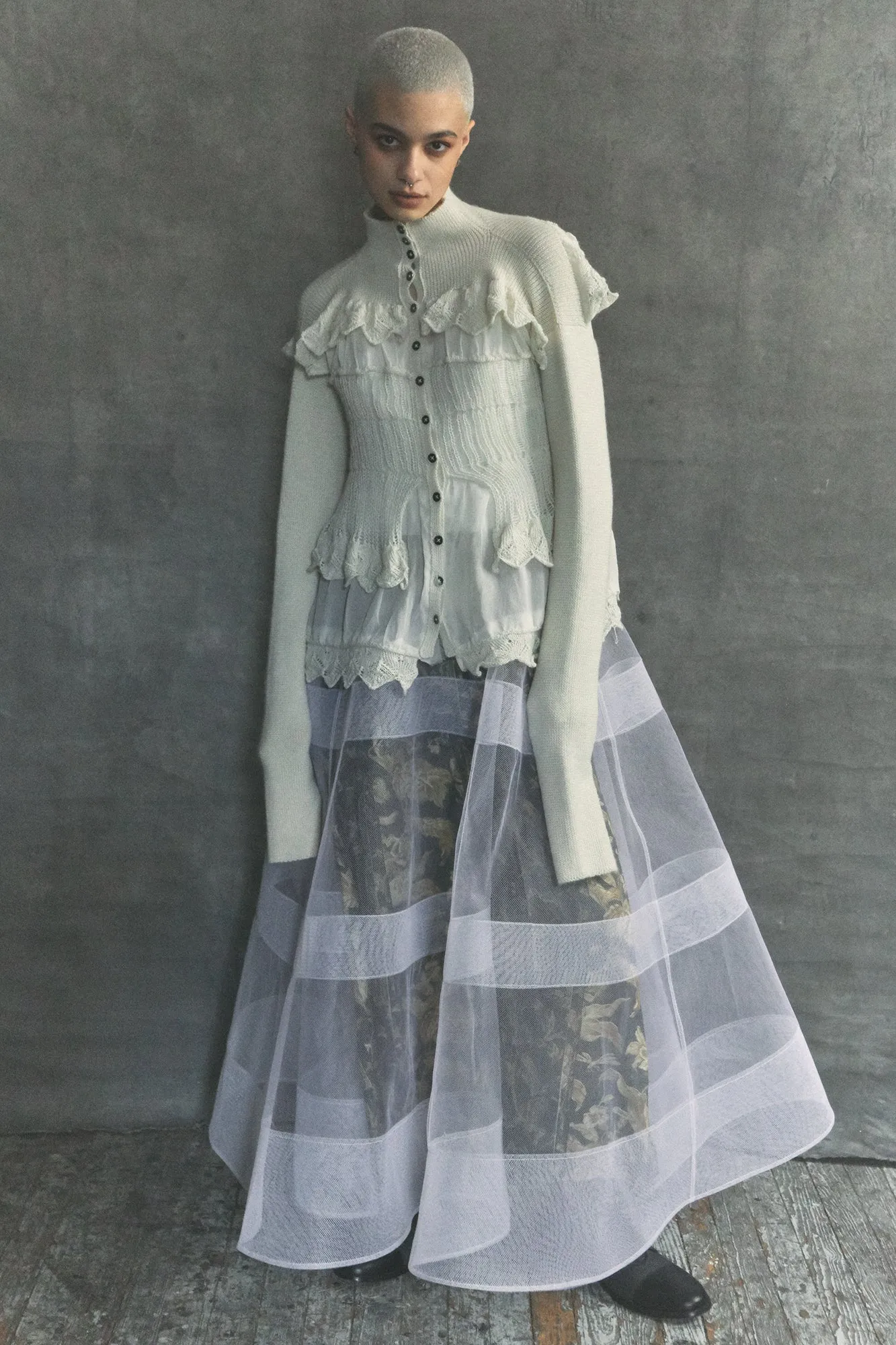 off white grafted alpaca and chiffon victorian cardigan
