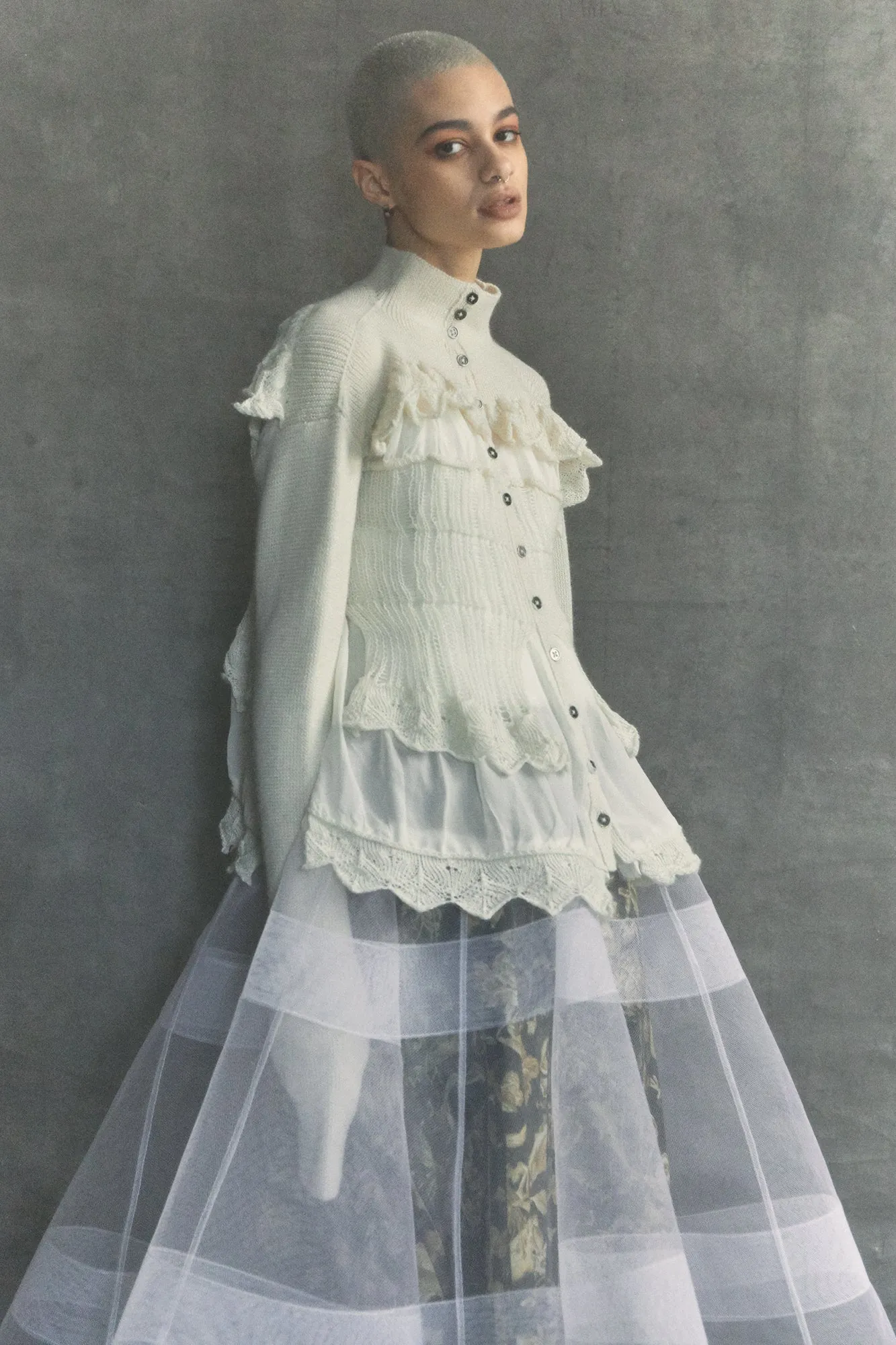 off white grafted alpaca and chiffon victorian cardigan