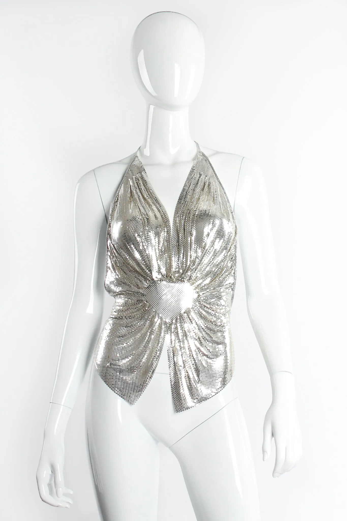 Old Hollywood Gathered Silver Metal Mesh Halter