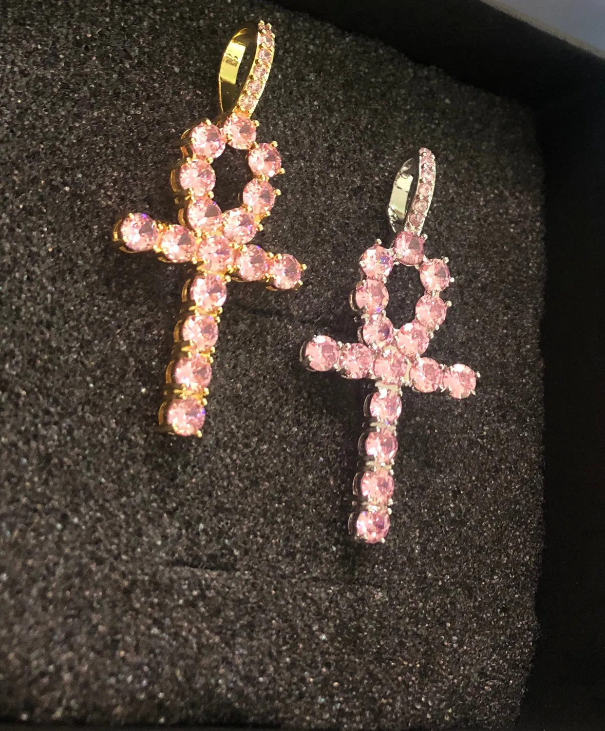 Pink ankh  necklace , iced bling pink ankh chiker , pink ankh bling pendant,pink icy ankh charm