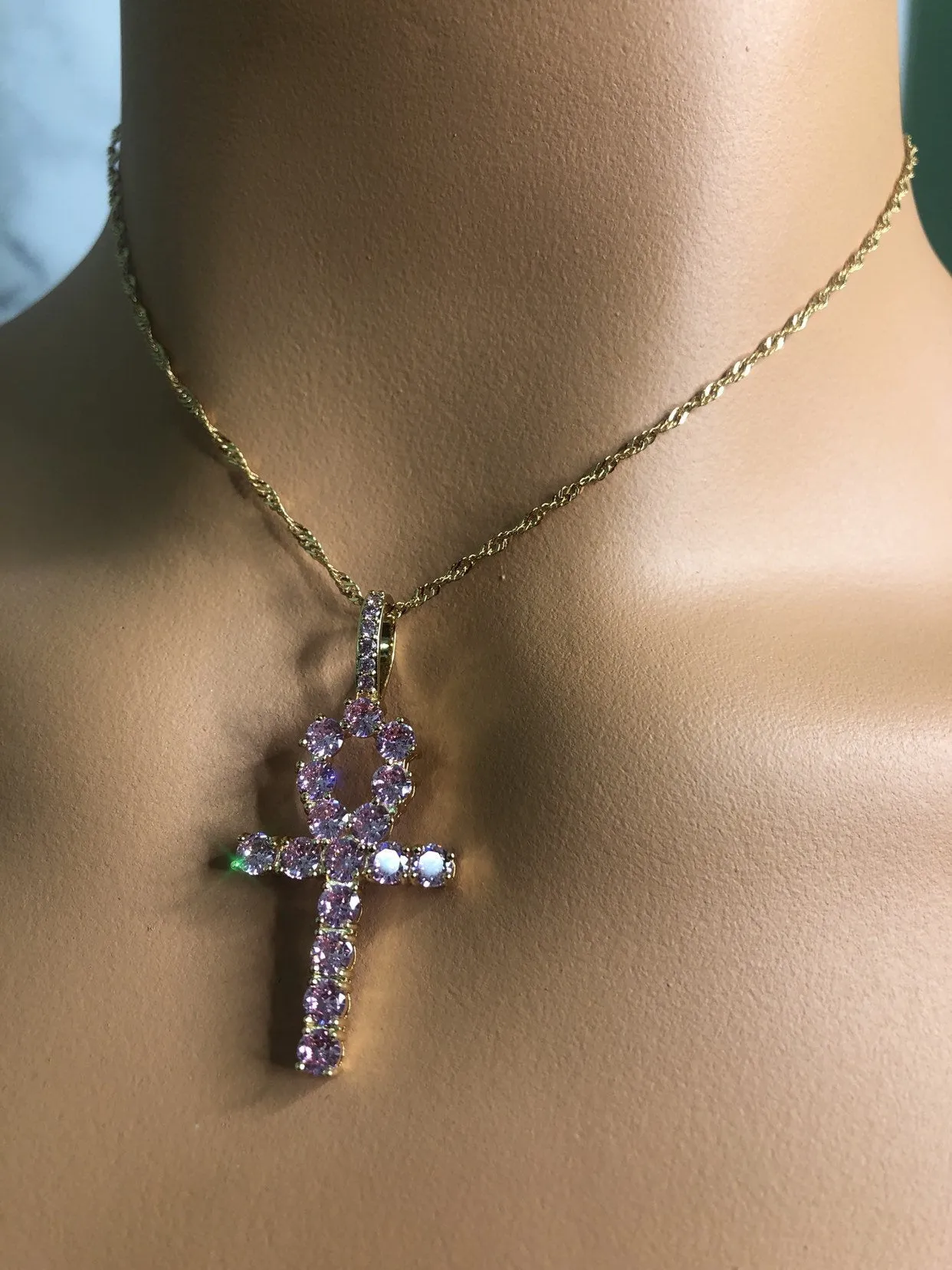 Pink ankh  necklace , iced bling pink ankh chiker , pink ankh bling pendant,pink icy ankh charm