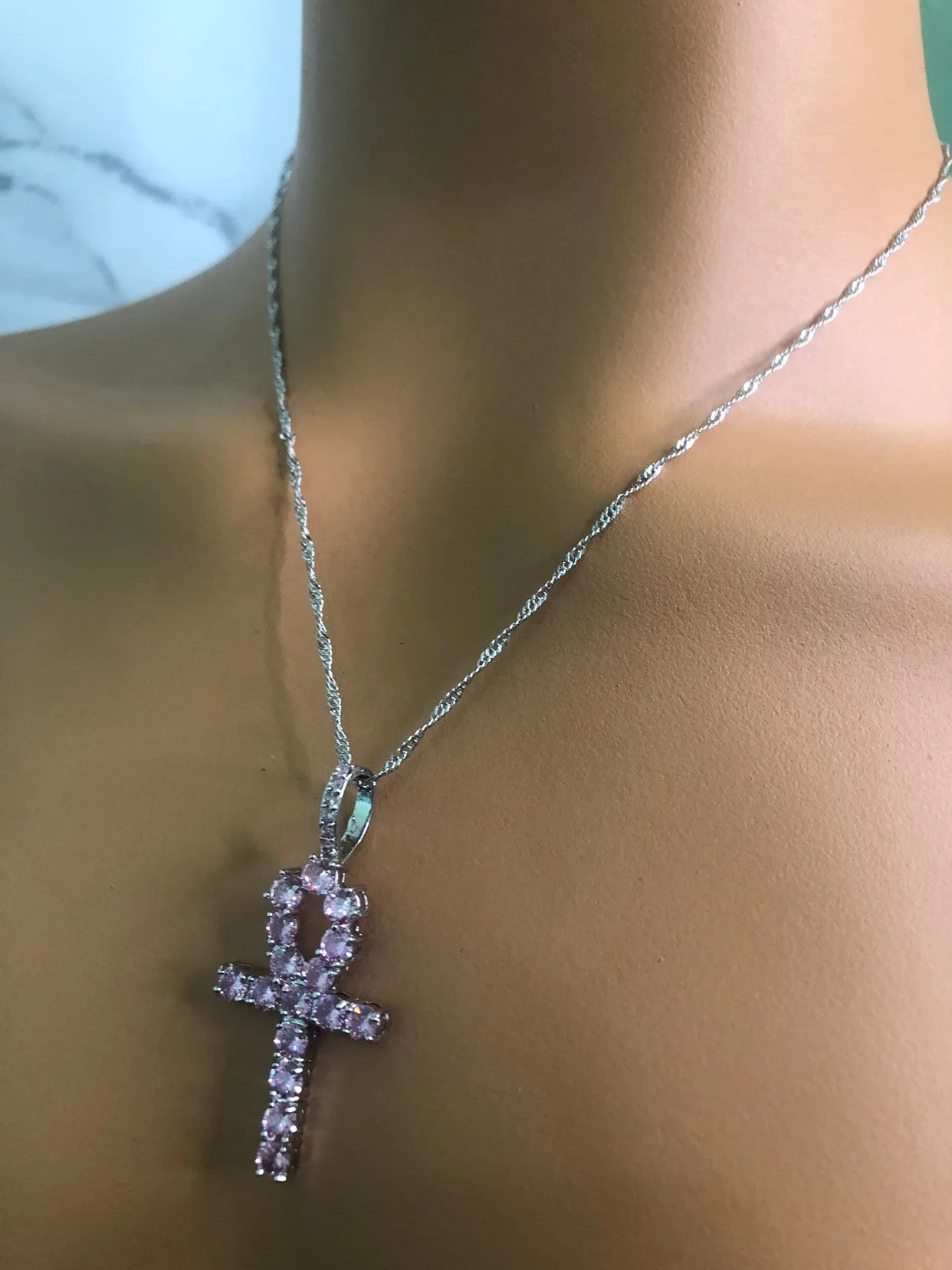 Pink ankh  necklace , iced bling pink ankh chiker , pink ankh bling pendant,pink icy ankh charm