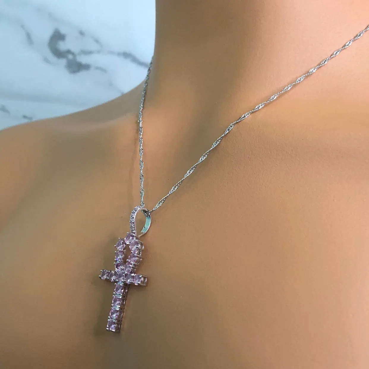 Pink ankh  necklace , iced bling pink ankh chiker , pink ankh bling pendant,pink icy ankh charm