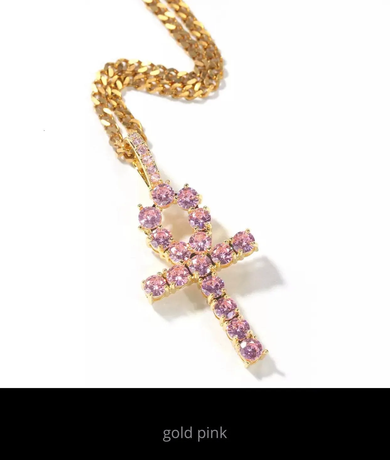 Pink ankh  necklace , iced bling pink ankh chiker , pink ankh bling pendant,pink icy ankh charm
