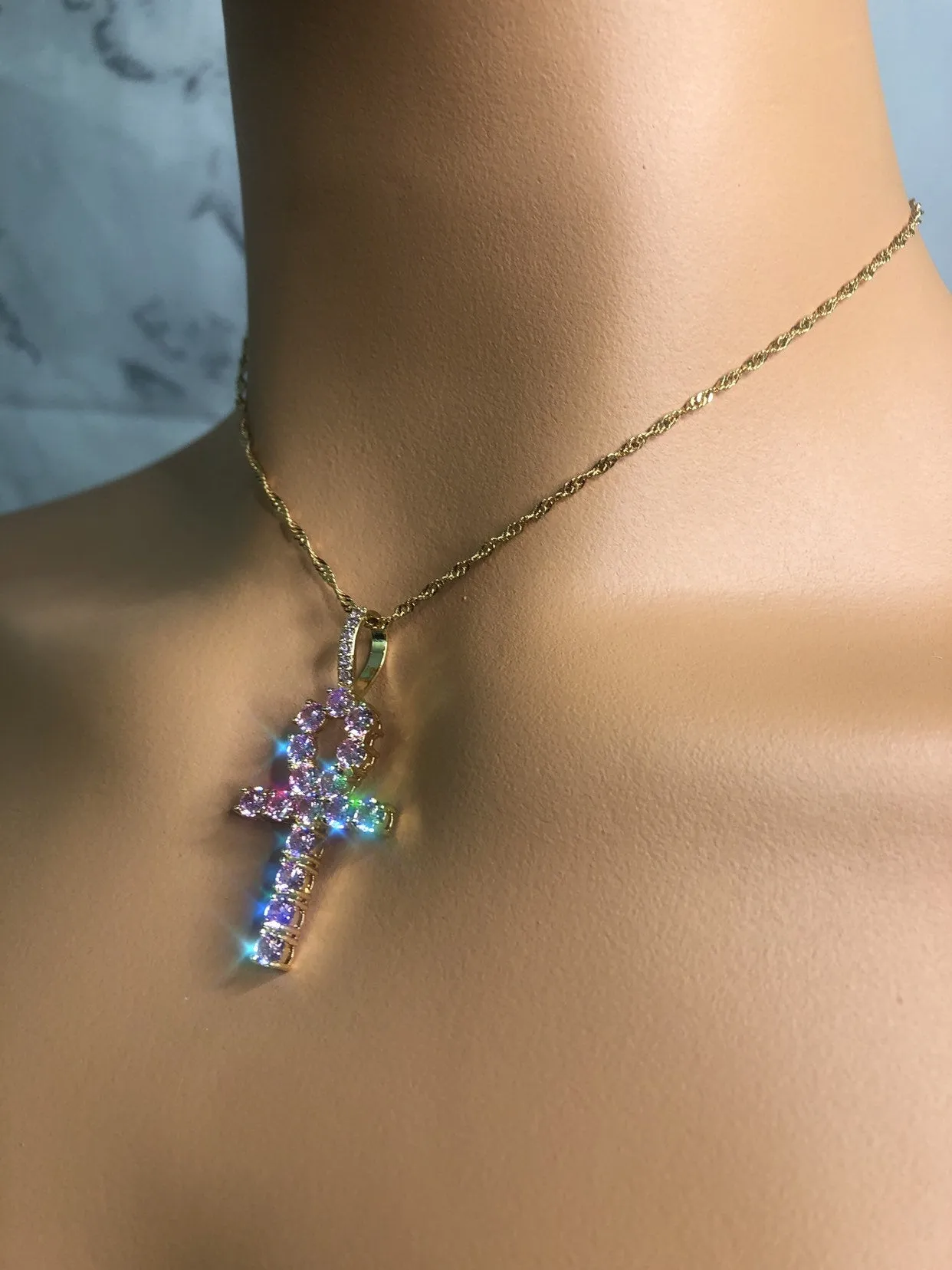 Pink ankh  necklace , iced bling pink ankh chiker , pink ankh bling pendant,pink icy ankh charm