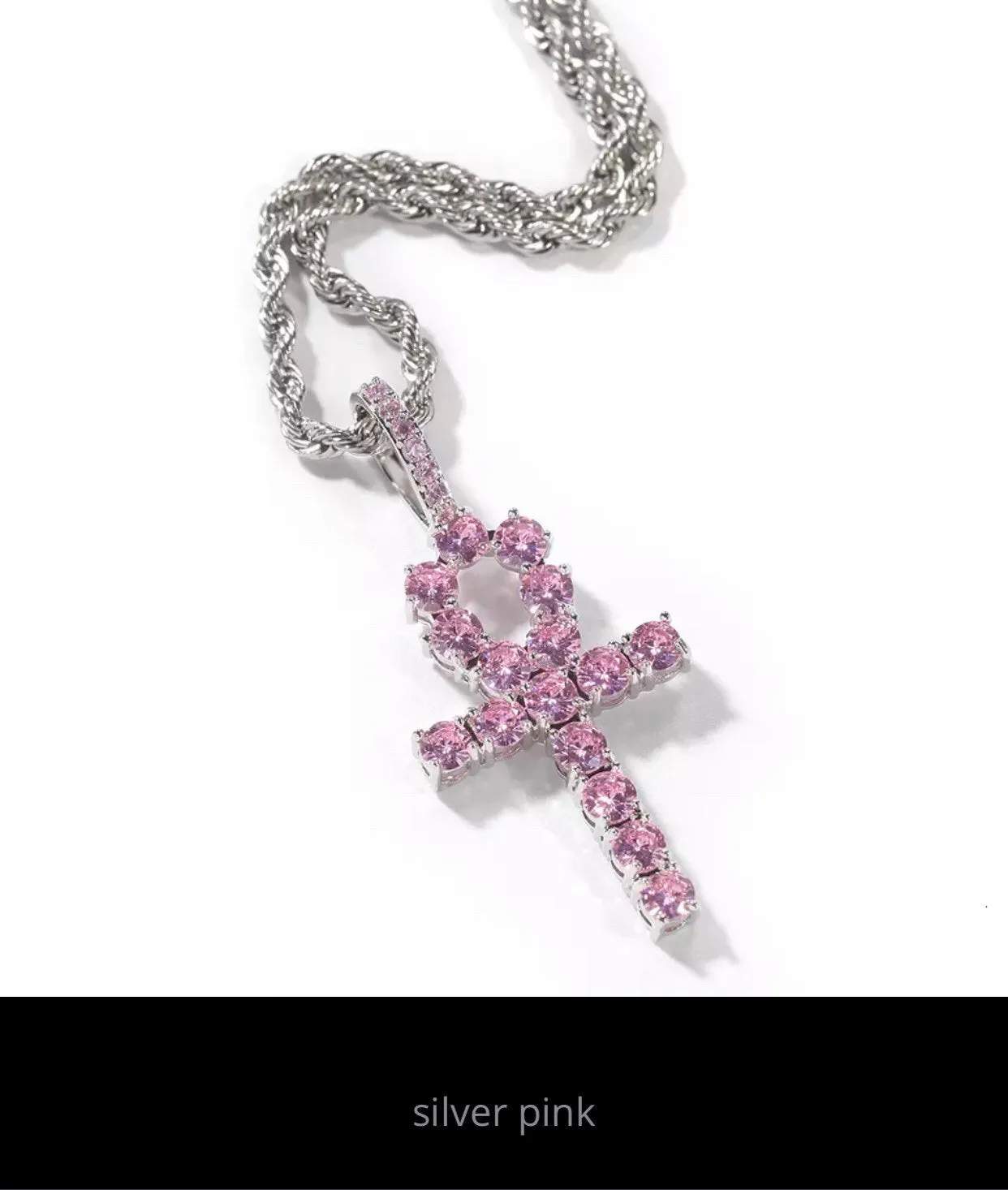 Pink ankh  necklace , iced bling pink ankh chiker , pink ankh bling pendant,pink icy ankh charm