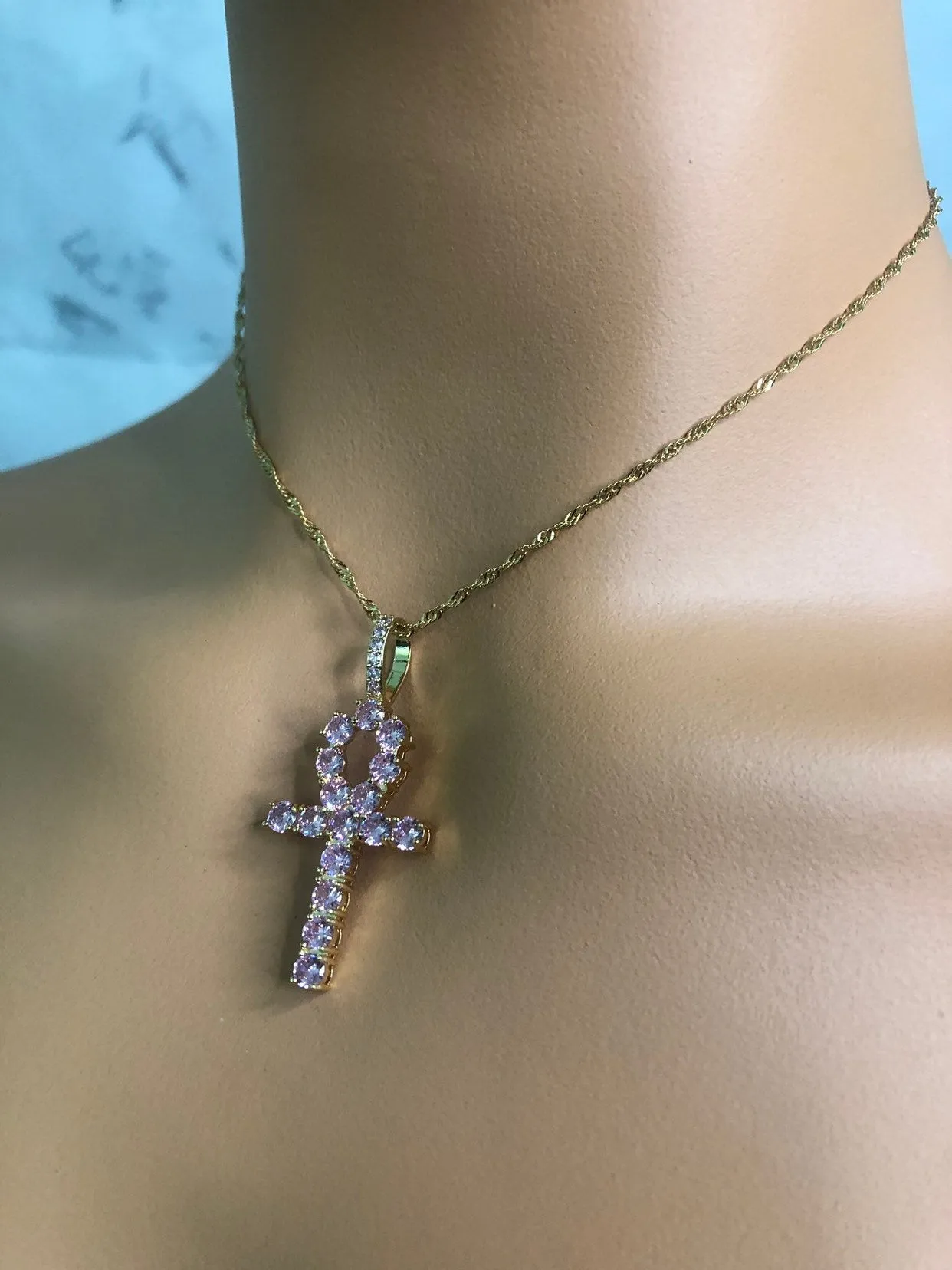 Pink ankh  necklace , iced bling pink ankh chiker , pink ankh bling pendant,pink icy ankh charm
