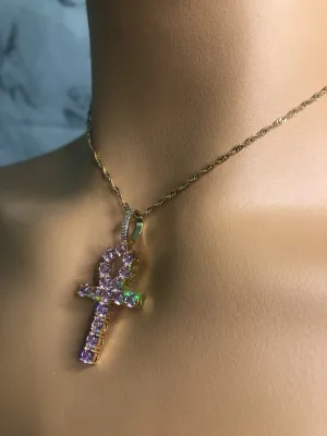 Pink ankh  necklace , iced bling pink ankh chiker , pink ankh bling pendant,pink icy ankh charm
