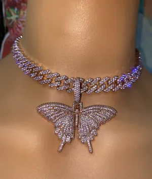 pink Butterfly cuban choker chain necklace , blinged iced cuban butterfly necklace , Micro Paved 12mm S-Link Miami Cuban Necklaces