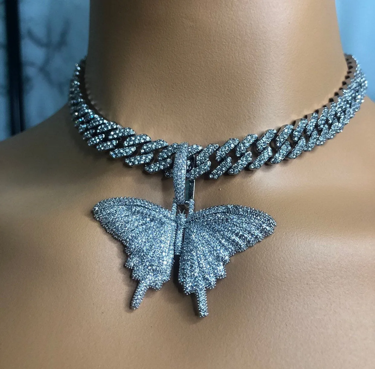 pink Butterfly cuban choker chain necklace , blinged iced cuban butterfly necklace , Micro Paved 12mm S-Link Miami Cuban Necklaces