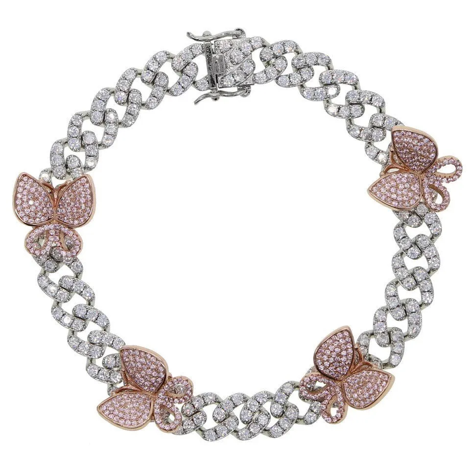 pink cuban  butterfly anklet , butterfly cuban anklet ,Iced Out Zircon custom Color Luxury butterfly anklet, butterfly anklet