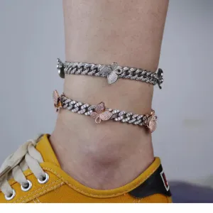 pink cuban  butterfly anklet , butterfly cuban anklet ,Iced Out Zircon custom Color Luxury butterfly anklet, butterfly anklet