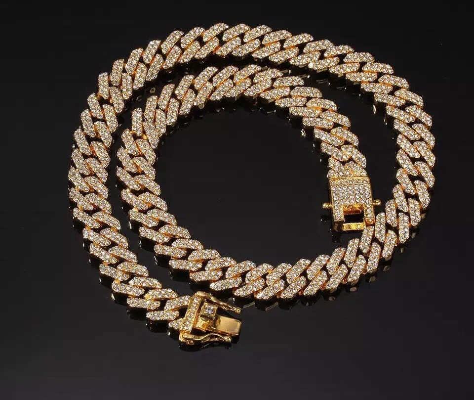 pink cuban chain necklace, blinged iced cuban necklace , Micro Paved 12mm S-Link Miami Cuban Necklaces Hiphop Men and women Iced necklace
