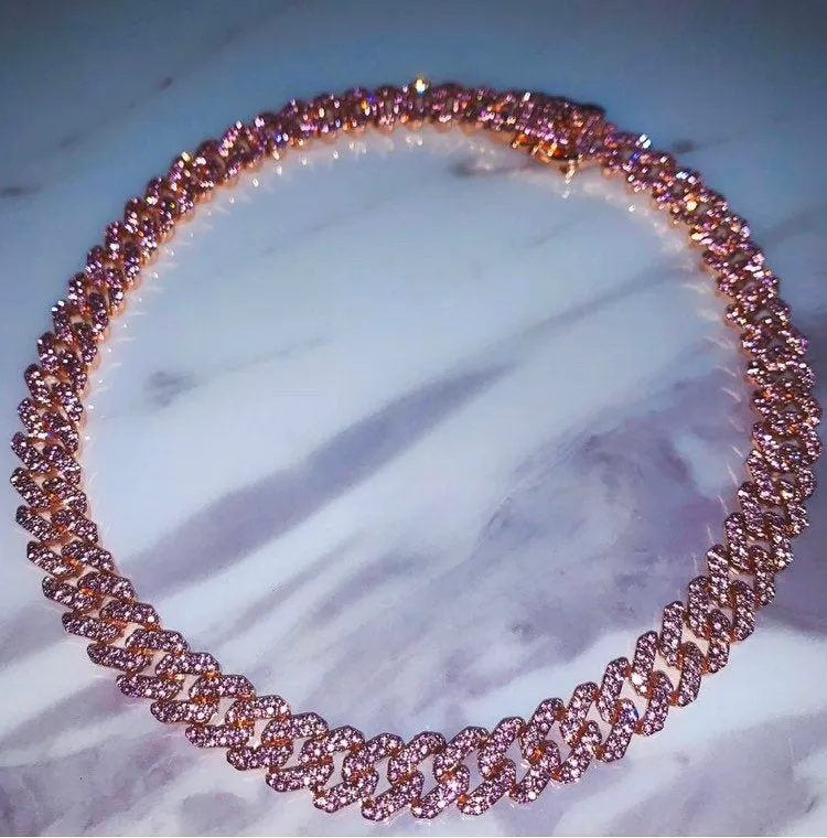 pink cuban chain necklace, blinged iced cuban necklace , Micro Paved 12mm S-Link Miami Cuban Necklaces Hiphop Men and women Iced necklace