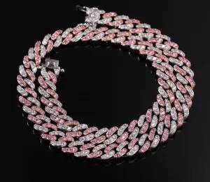 Pink cuban Choker Necklace ,Silver /rose Gold Cuban Link With White &Pink Cubic Zirconia Chain Jewelry , pink cz choker , bling choker