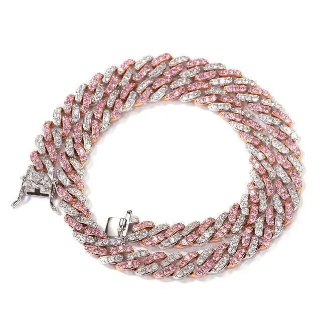 Pink cuban Choker Necklace ,Silver /rose Gold Cuban Link With White &Pink Cubic Zirconia Chain Jewelry , pink cz choker , bling choker