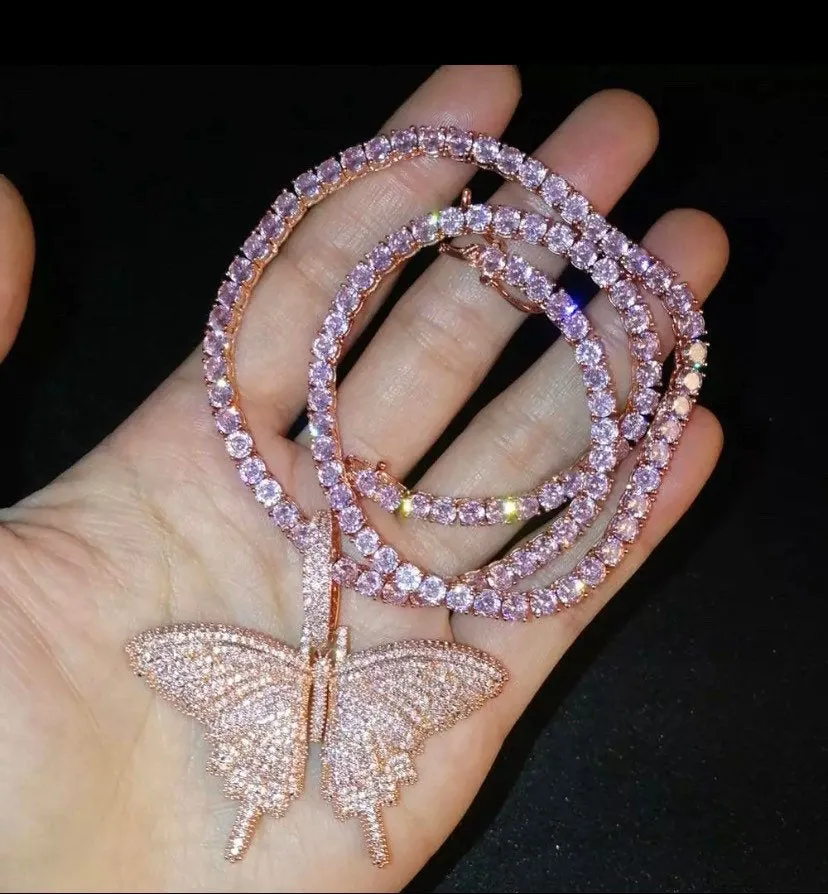 pink Iced butterfly necklace , pink bling out butterfly , butterfly 5m tennis necklace,tennis necklace cz butterfly pendant , lavishluxxshop