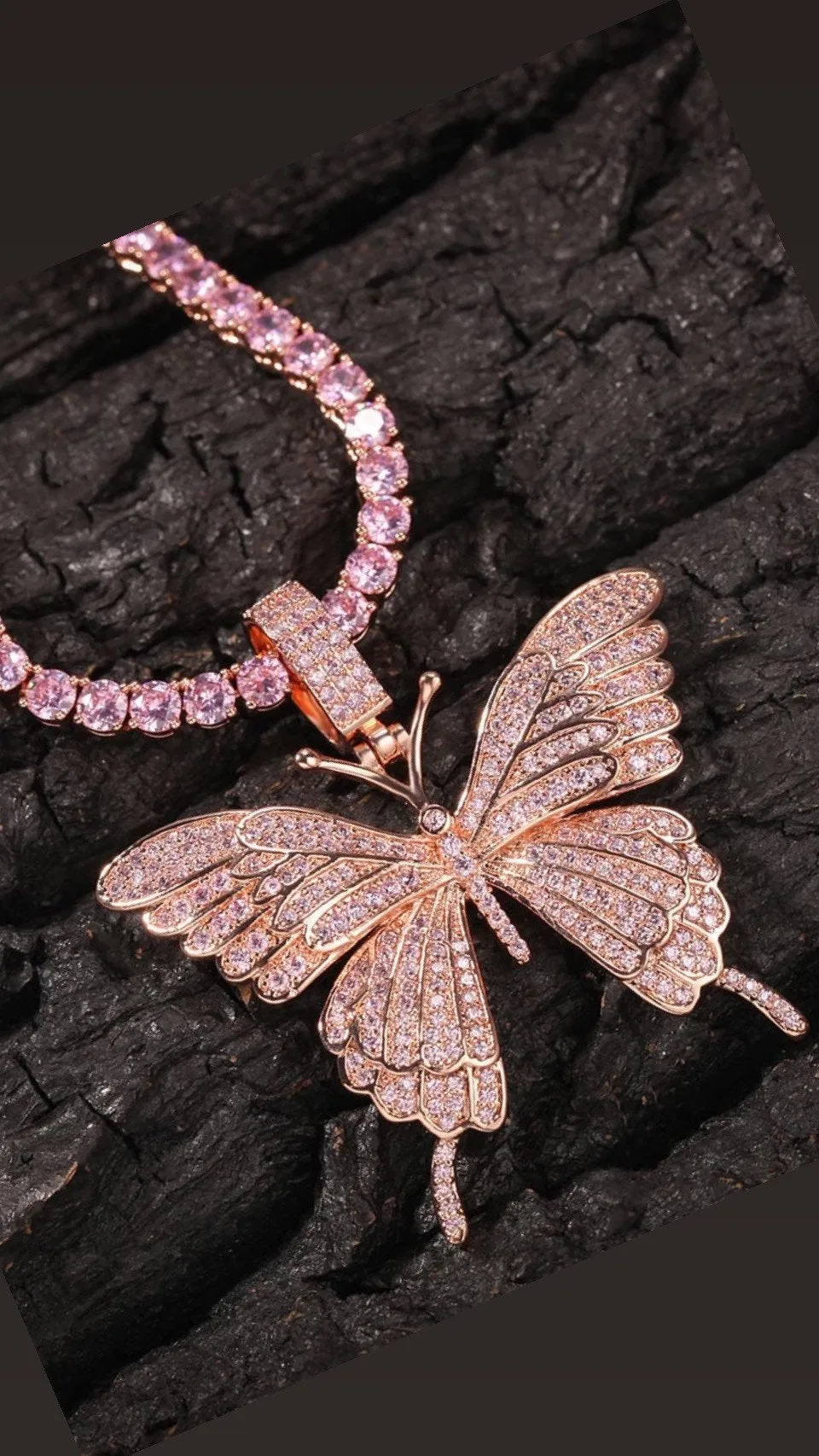 pink tennis Iced butterfly necklace , pink bling out butterfly ,  5m tennis necklace,tennis necklace cz butterfly pendant , lavishluxxshop