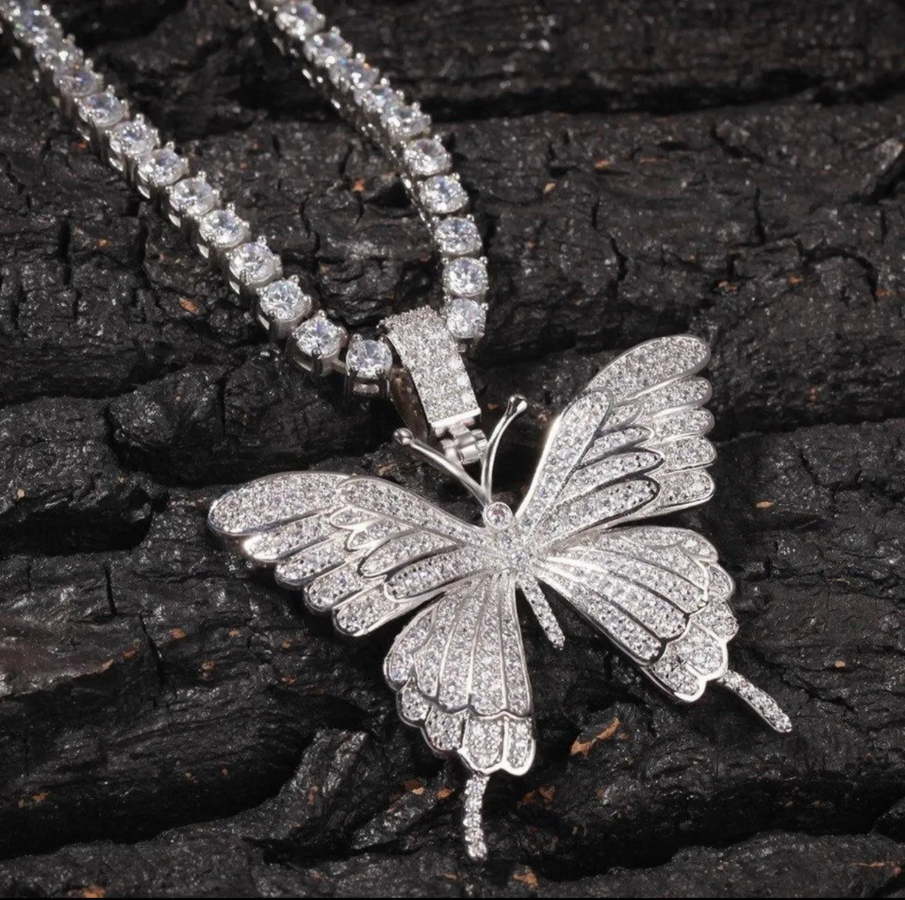 pink tennis Iced butterfly necklace , pink bling out butterfly ,  5m tennis necklace,tennis necklace cz butterfly pendant , lavishluxxshop