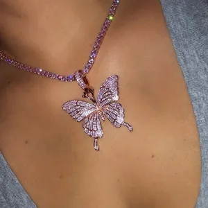 pink tennis Iced butterfly necklace , pink bling out butterfly ,  5m tennis necklace,tennis necklace cz butterfly pendant , lavishluxxshop