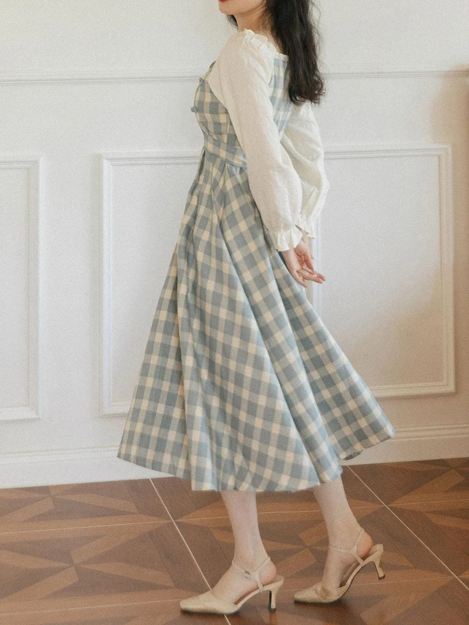 Plaid Crew Neck Long Sleeve Lace Vintage Victorian Swing Dress