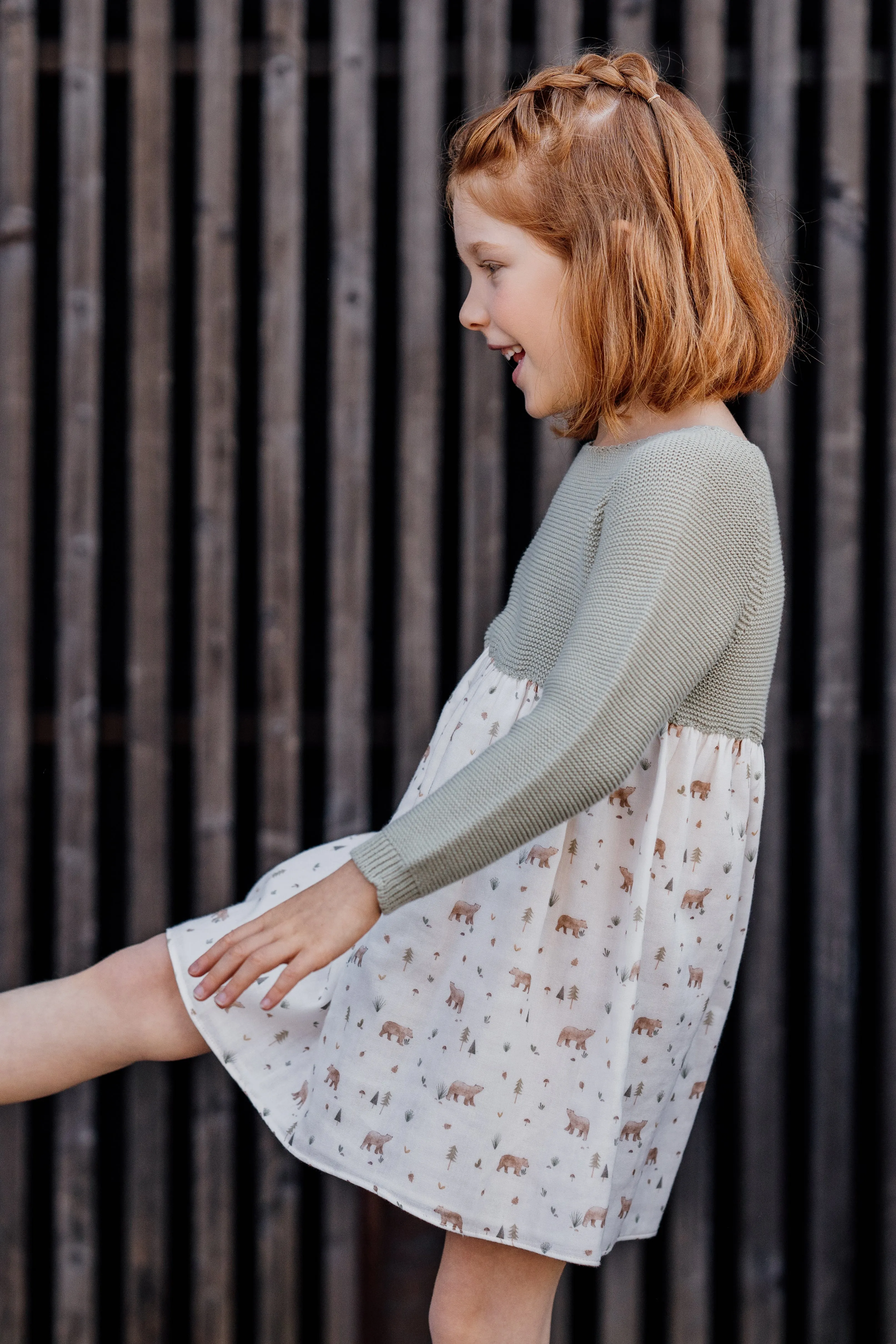 "Joana" Sage Green Half Knit Bear Dress