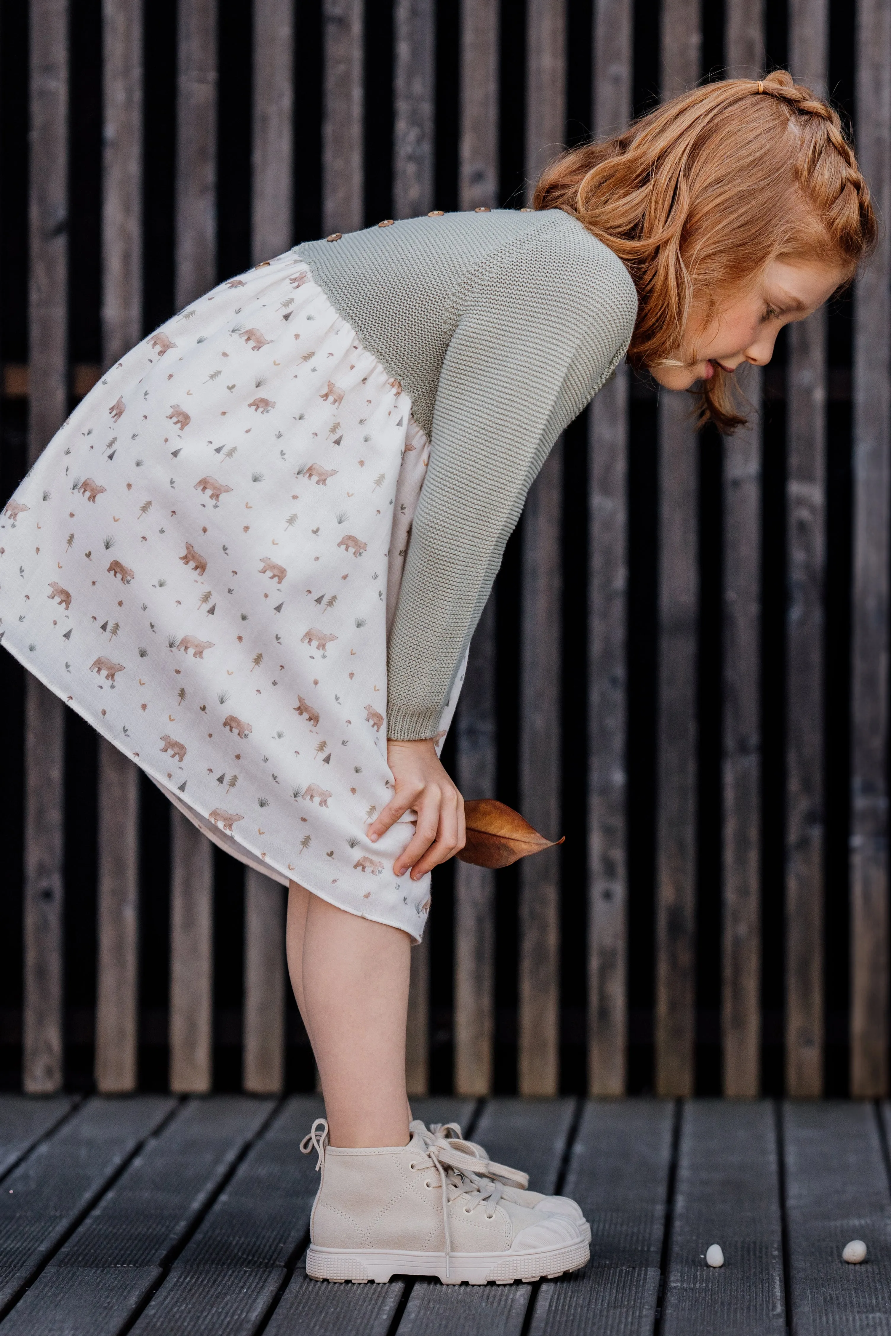 "Joana" Sage Green Half Knit Bear Dress