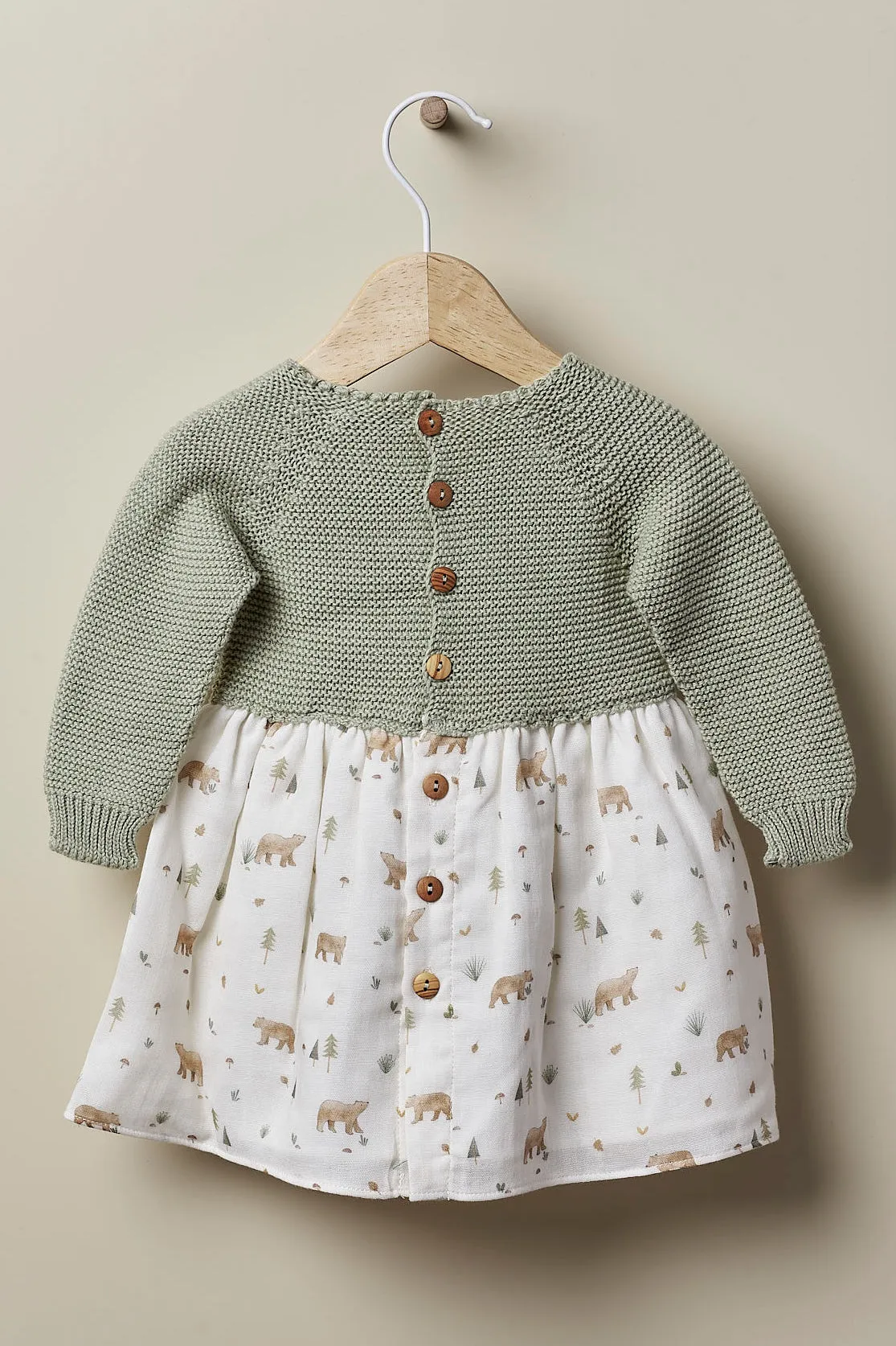 "Joana" Sage Green Half Knit Bear Dress