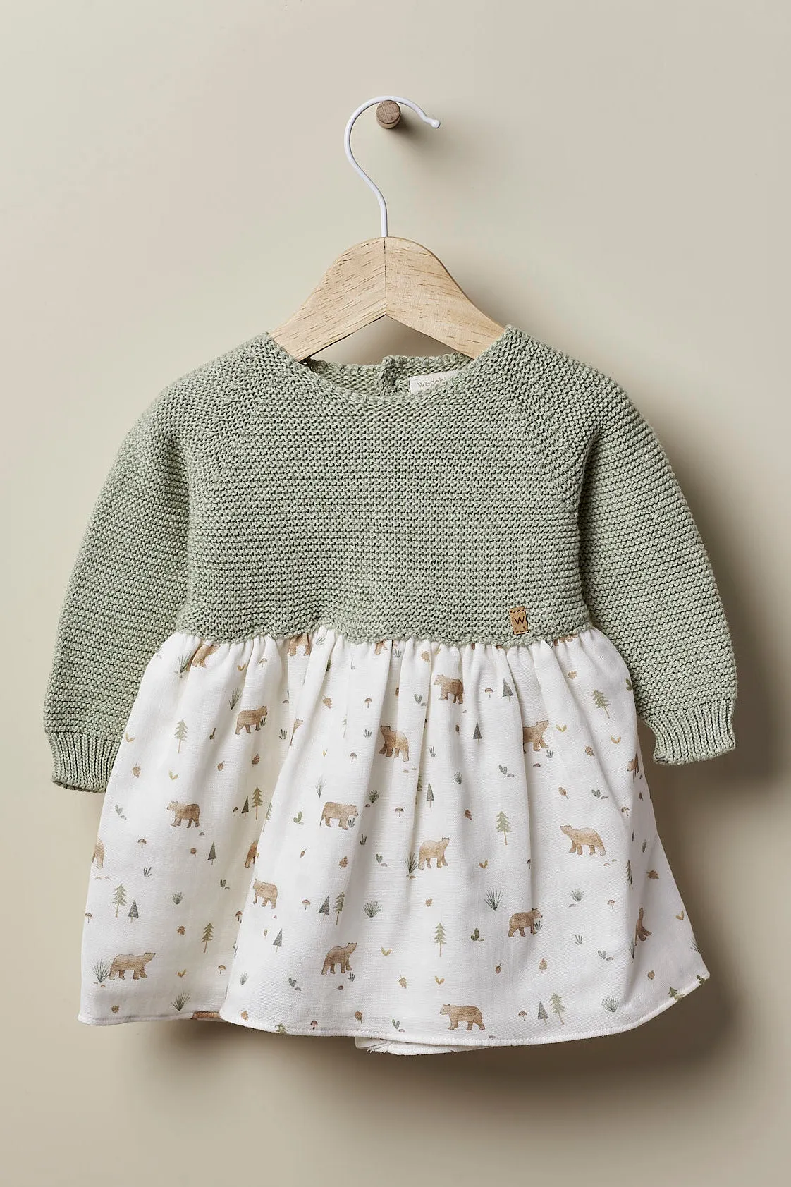 "Joana" Sage Green Half Knit Bear Dress