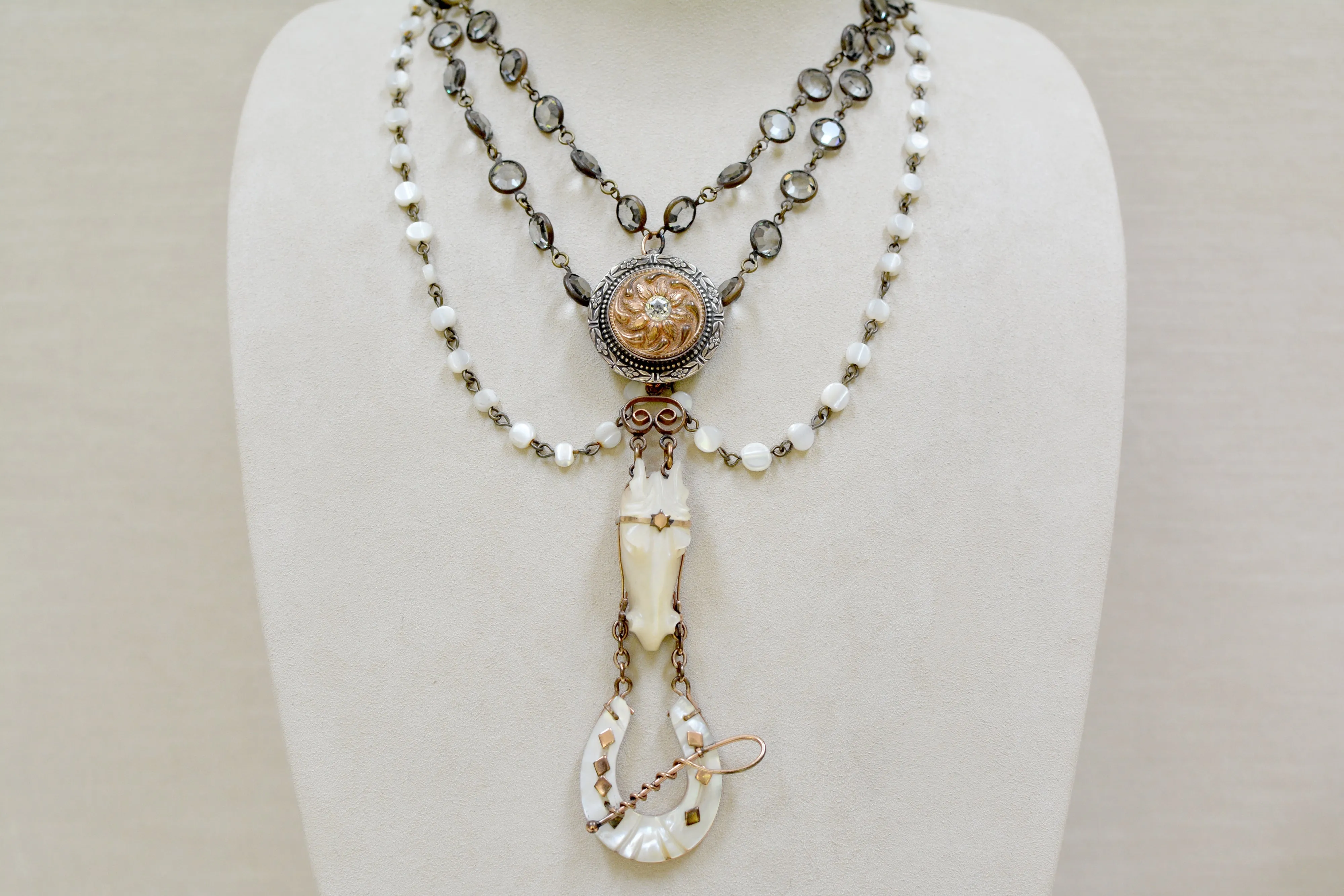 Rare 19 th. C. Mother-of-Pearl Horse Shoe Fob Festoon Necklace