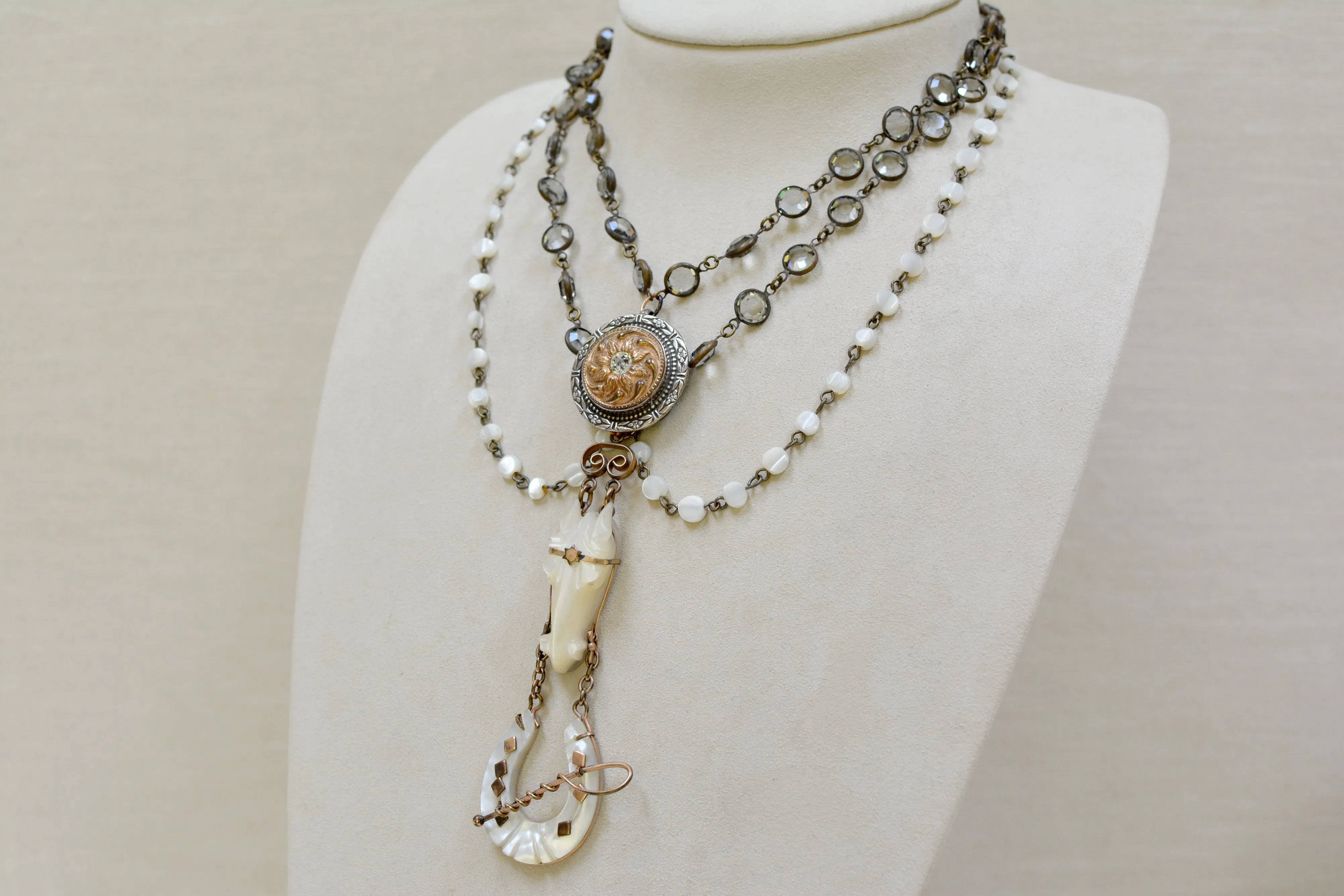 Rare 19 th. C. Mother-of-Pearl Horse Shoe Fob Festoon Necklace