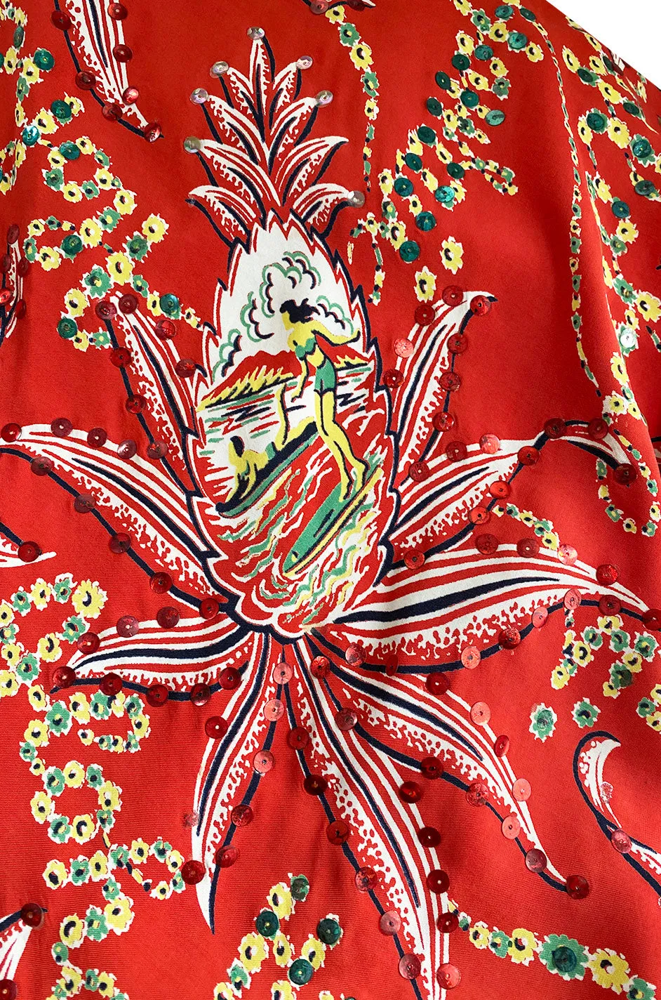 Rare 1930s 1940s Hawaiian Novelty Print Sarong & Halter Set w Fused Sequins