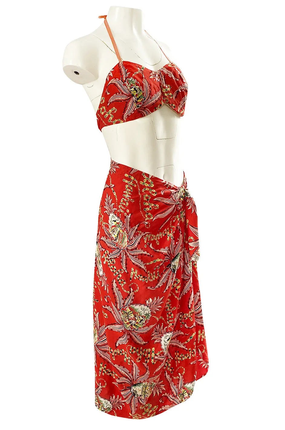Rare 1930s 1940s Hawaiian Novelty Print Sarong & Halter Set w Fused Sequins