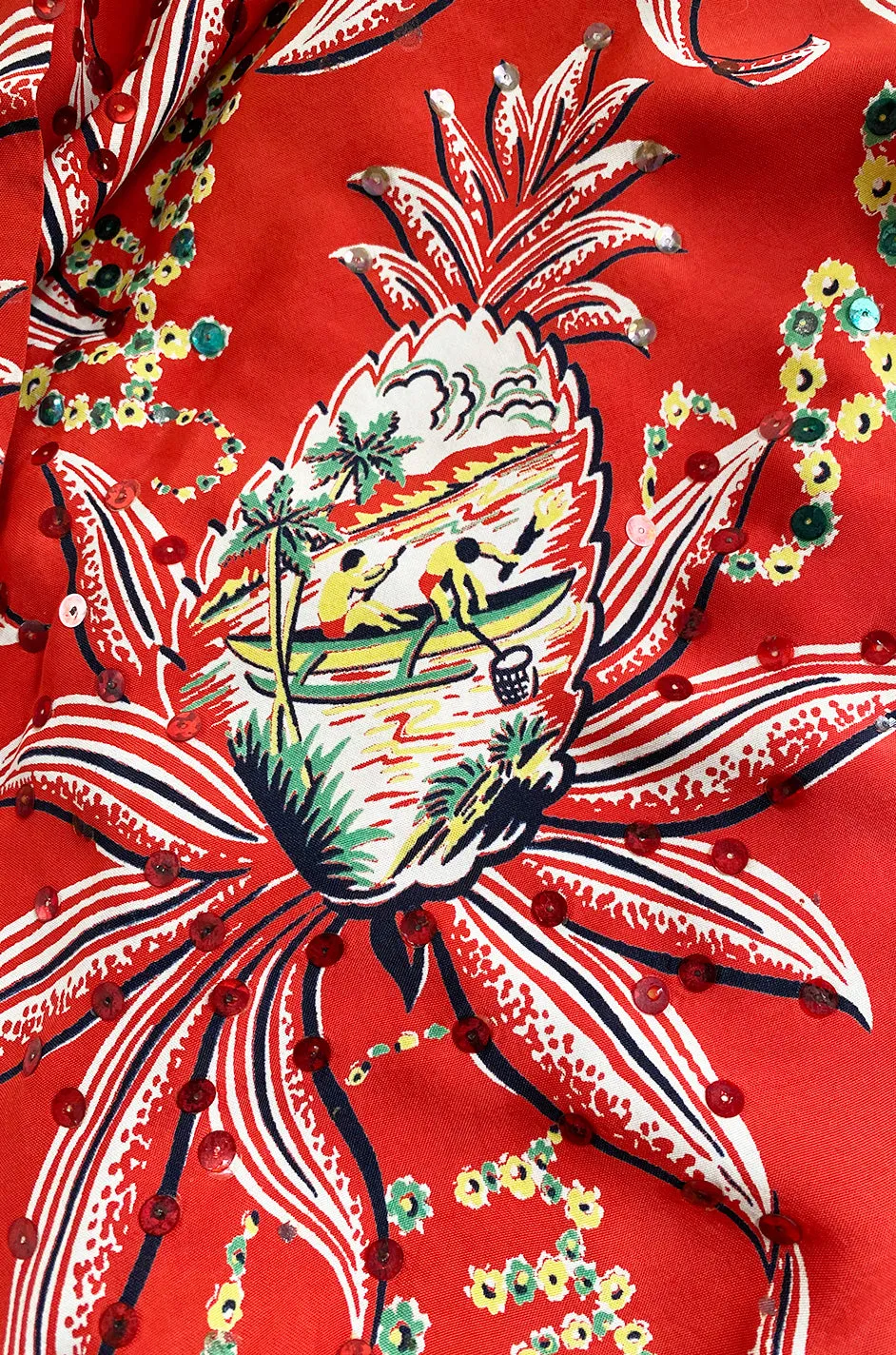 Rare 1930s 1940s Hawaiian Novelty Print Sarong & Halter Set w Fused Sequins