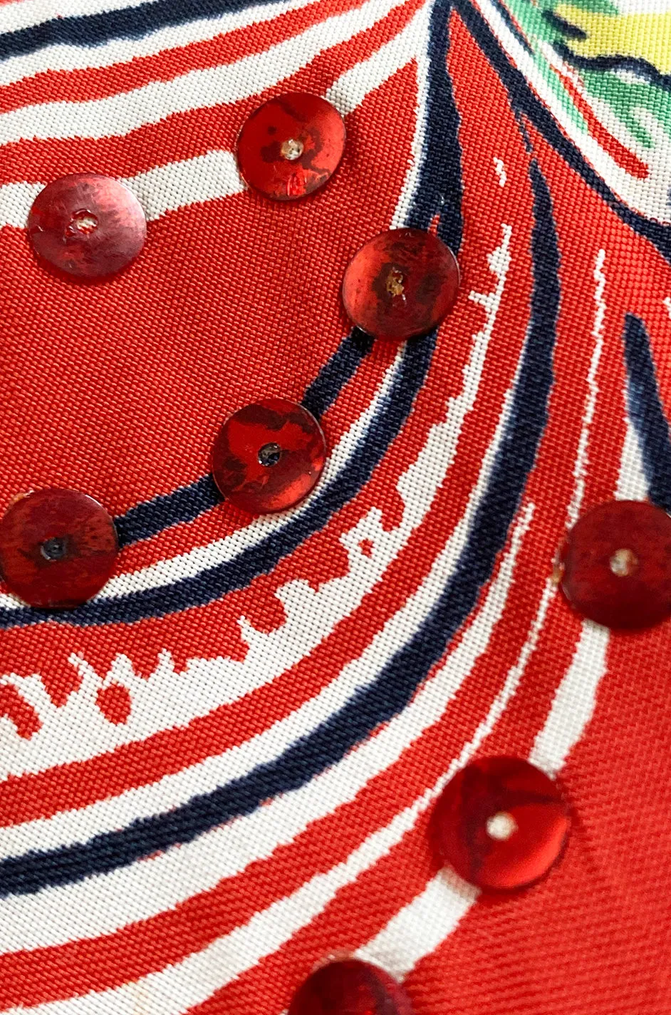 Rare 1930s 1940s Hawaiian Novelty Print Sarong & Halter Set w Fused Sequins