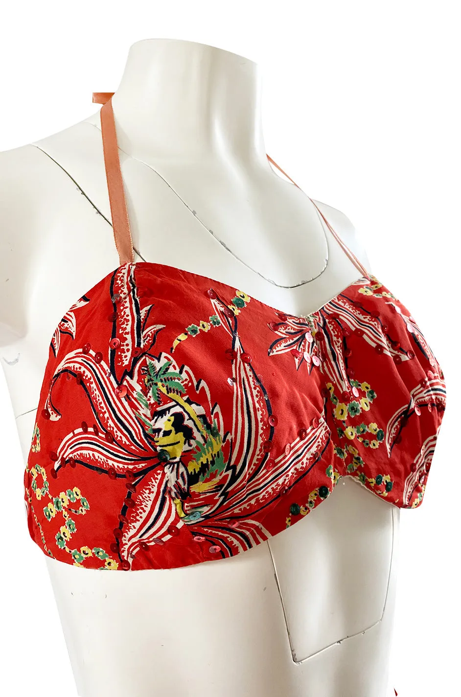 Rare 1930s 1940s Hawaiian Novelty Print Sarong & Halter Set w Fused Sequins
