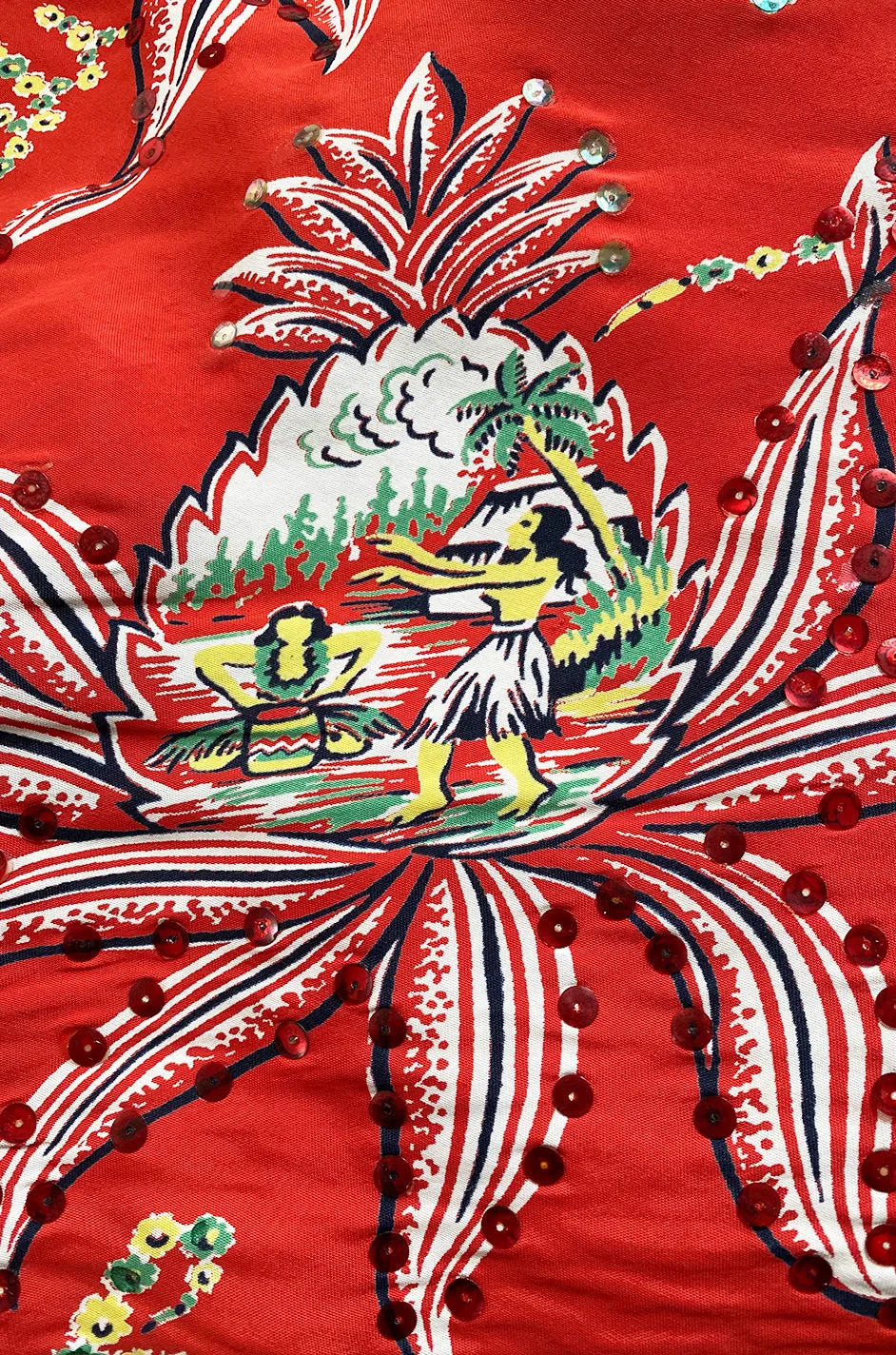 Rare 1930s 1940s Hawaiian Novelty Print Sarong & Halter Set w Fused Sequins