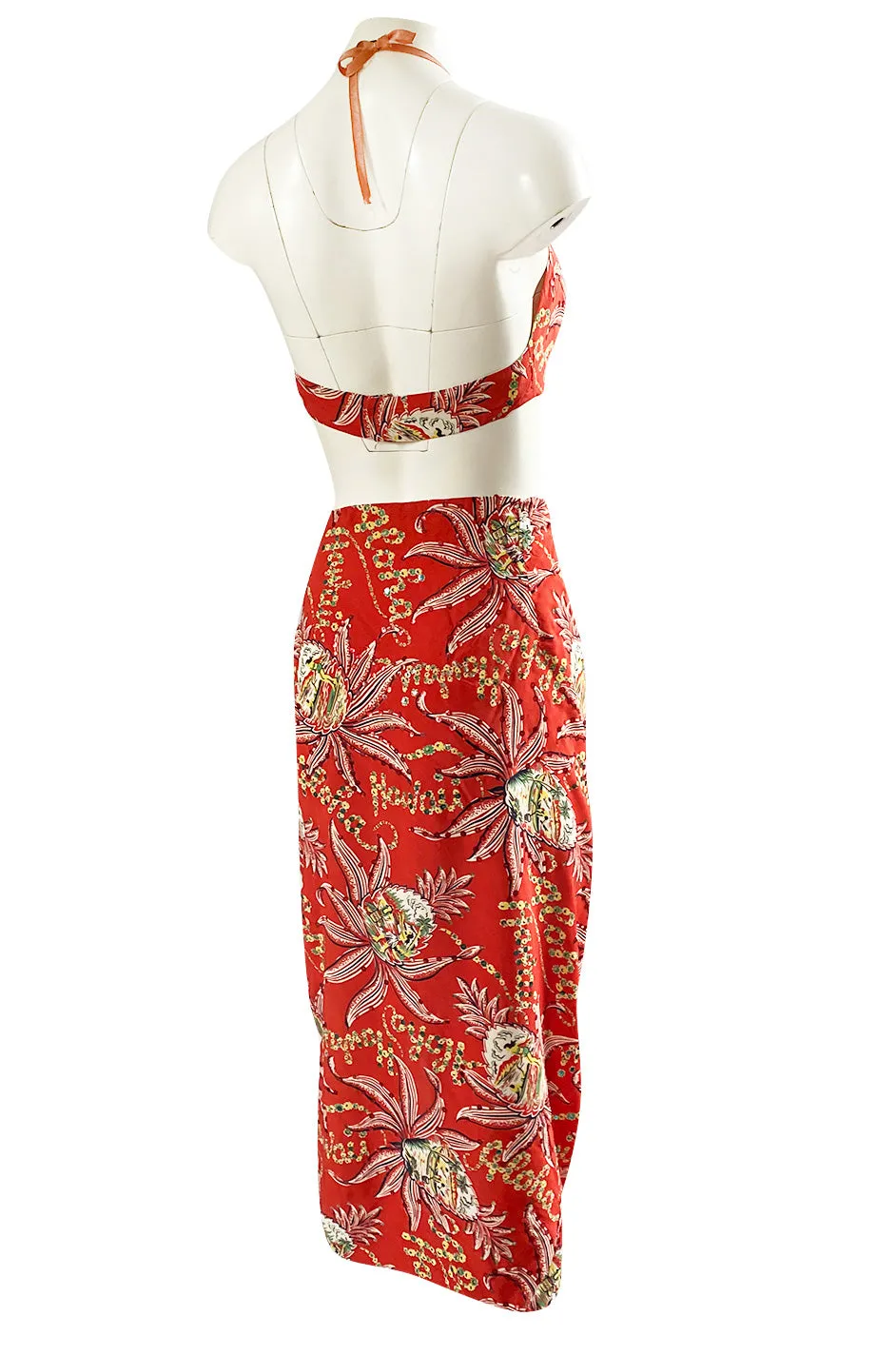 Rare 1930s 1940s Hawaiian Novelty Print Sarong & Halter Set w Fused Sequins