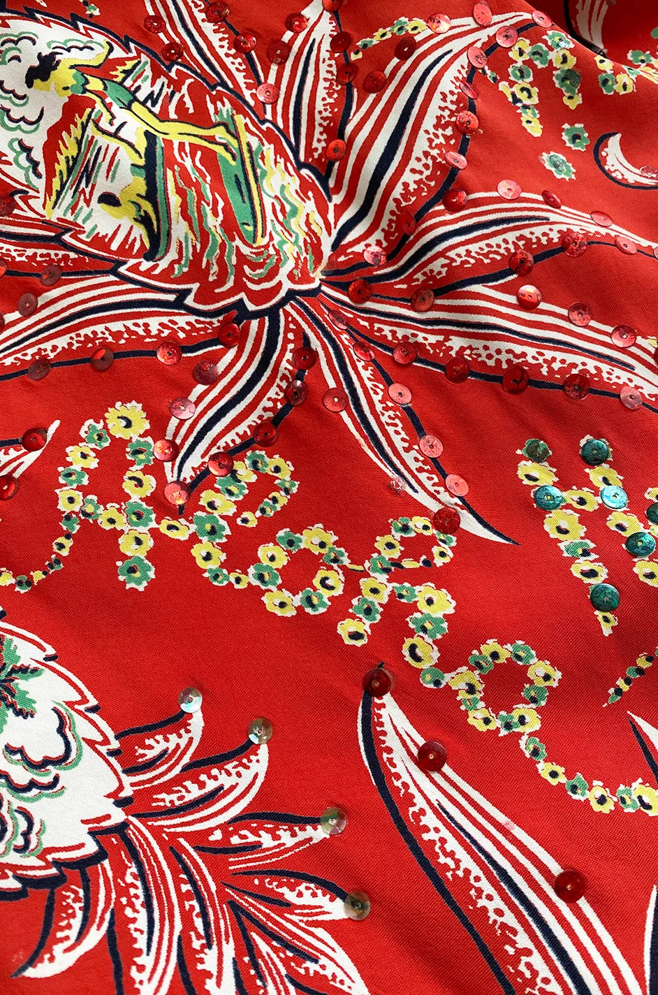 Rare 1930s 1940s Hawaiian Novelty Print Sarong & Halter Set w Fused Sequins