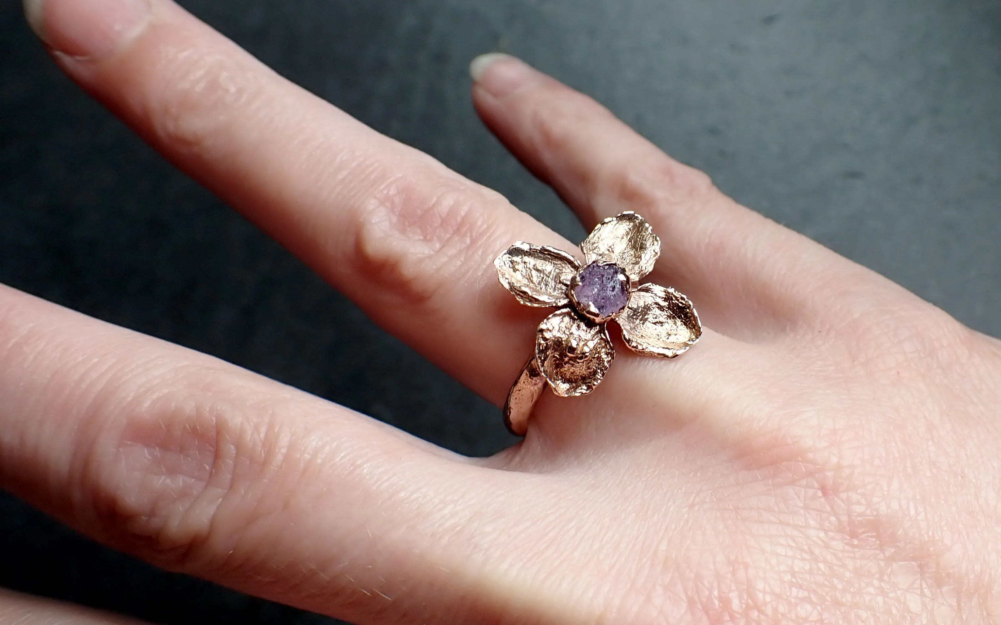 real flower and purple sapphire 14k rose gold wedding engagement ring enchanted garden floral ring byangeline 2500 Alternative Engagement