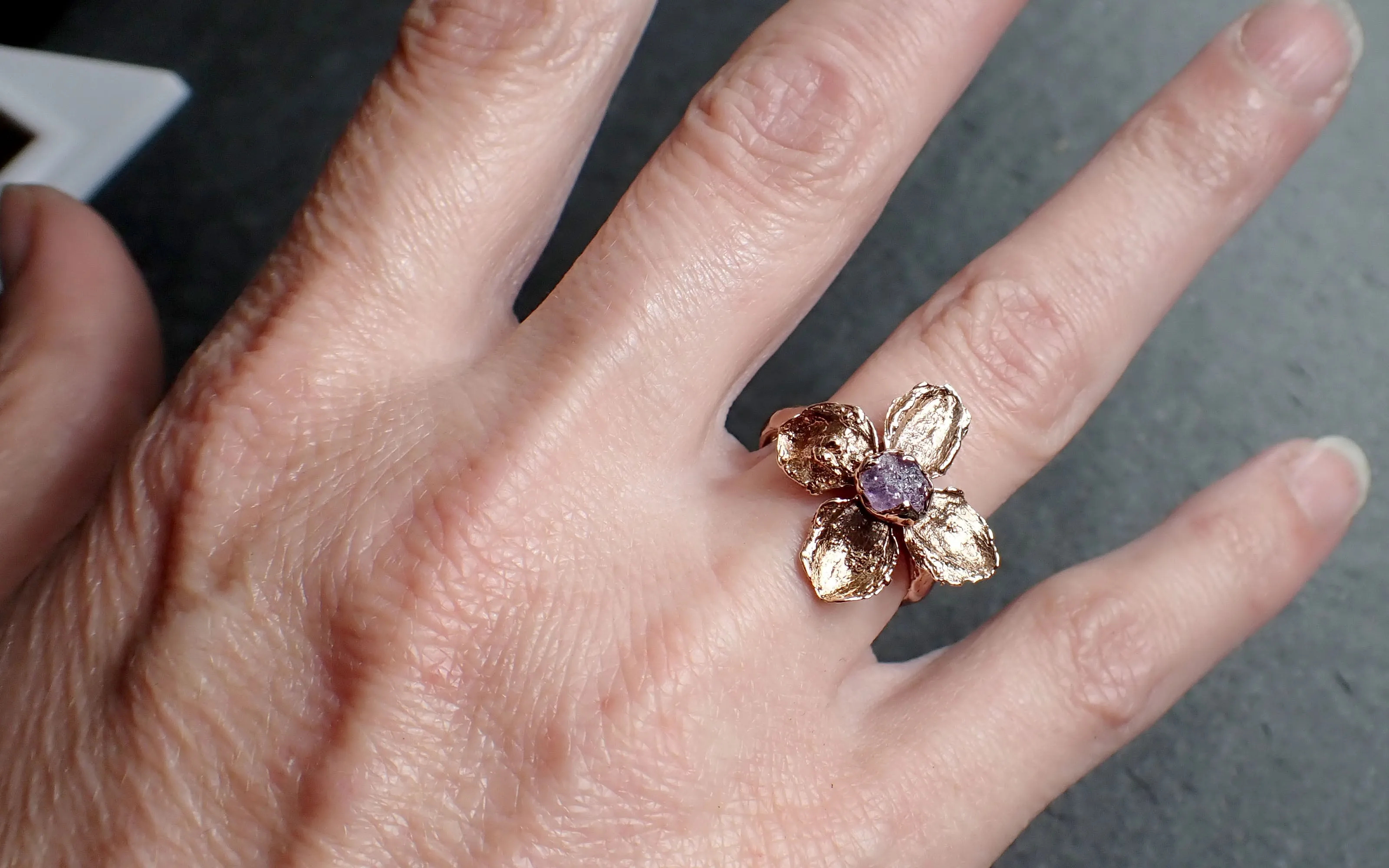 real flower and purple sapphire 14k rose gold wedding engagement ring enchanted garden floral ring byangeline 2500 Alternative Engagement
